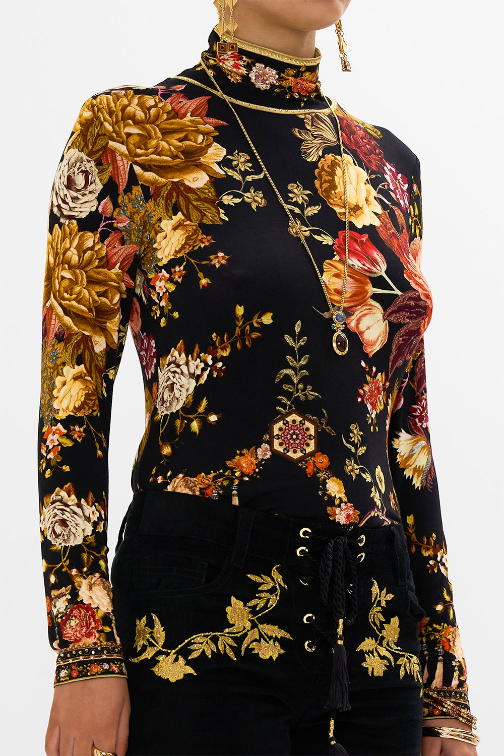 CAMILLA floral jersey turtleneck in Stitched In Time print.