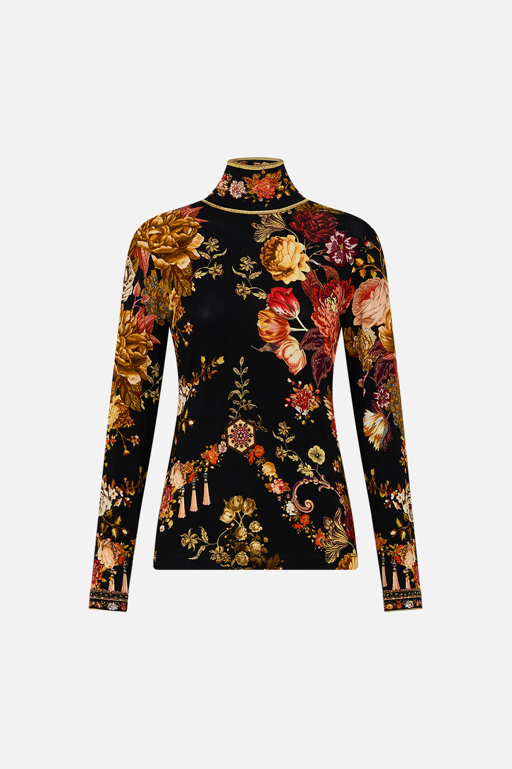 CAMILLA floral jersey turtleneck in Stitched In Time print.