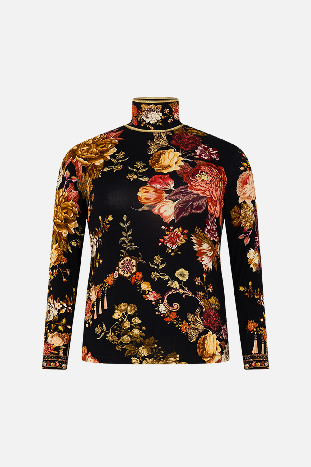CAMILLA floral jersey turtleneck in Stitched In Time print.