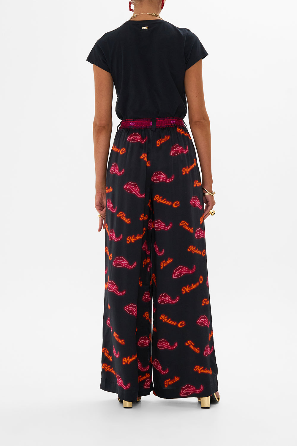 CAMILLA black wide leg waisted pant in Electric Loveland print