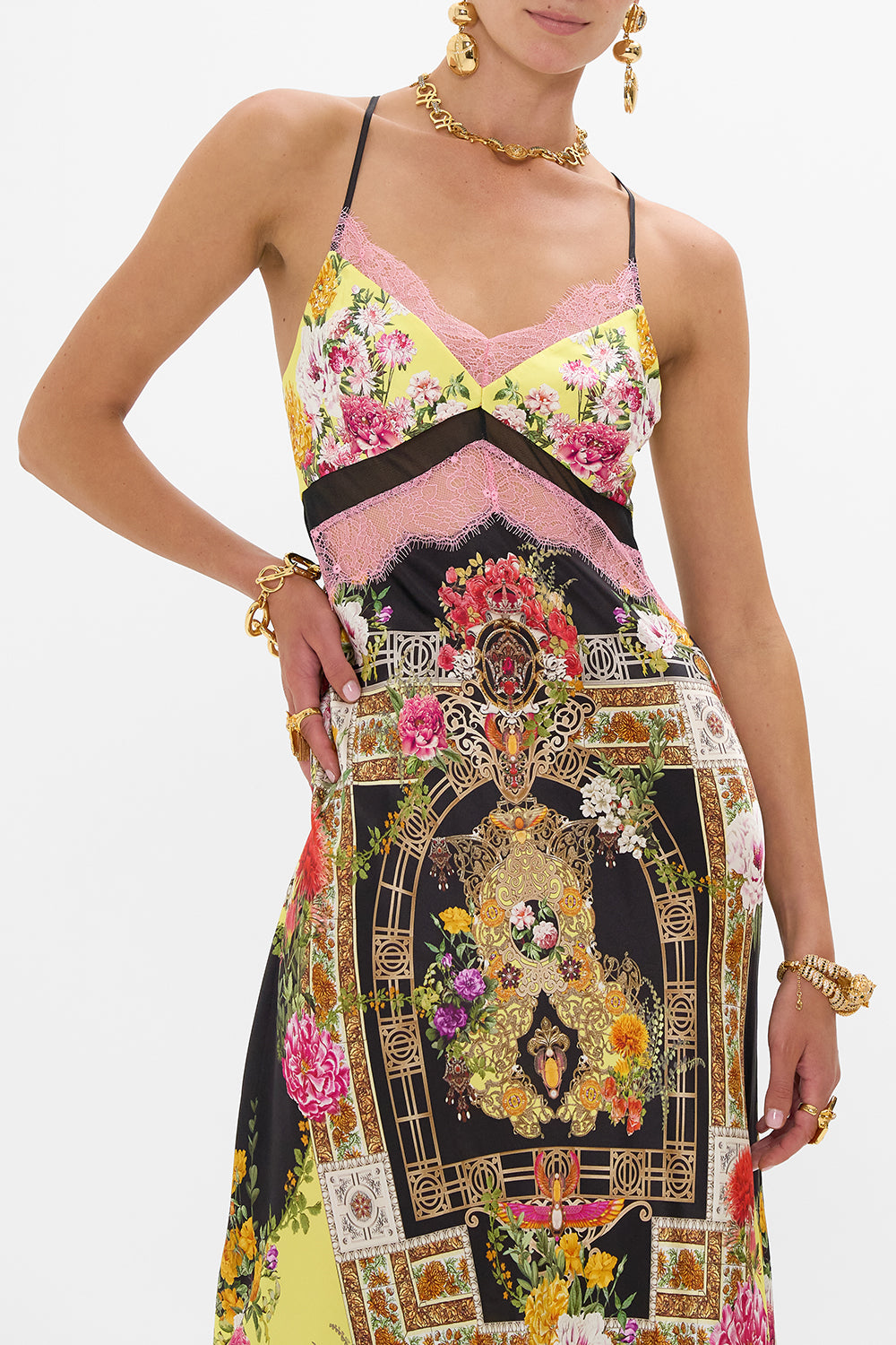 LACE SPLICE BIAS LONG DRESS ADORNED IN ALEXANDRIA