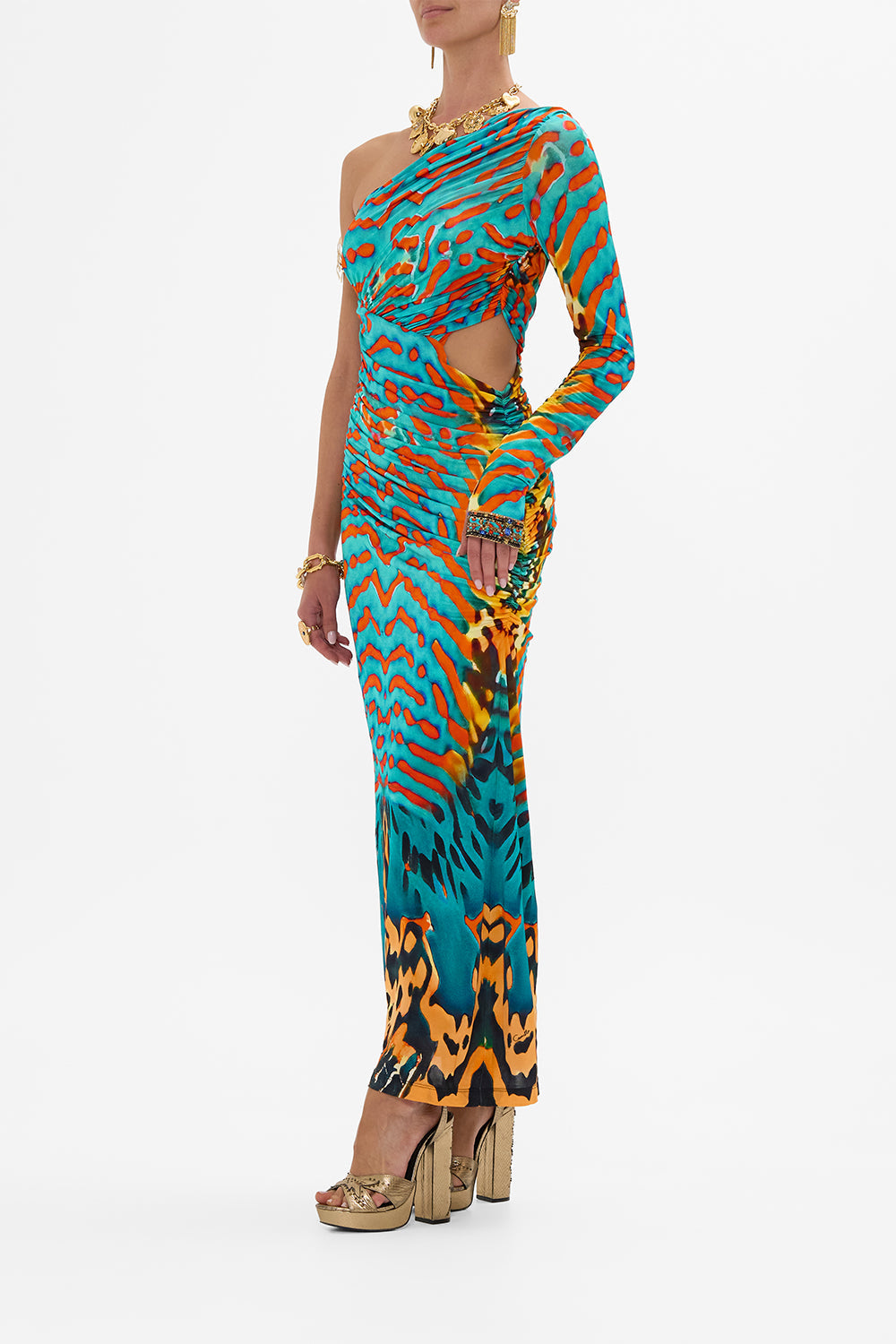 CAMILLA One Shoulder Jersey Cut Out Dress in Desert Visions print.