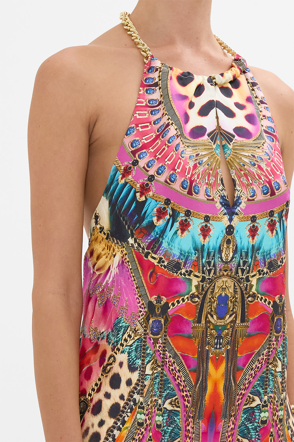 CAMILLA Low Back Long Dress with Neck Hardware in Sahara Supernatural print.