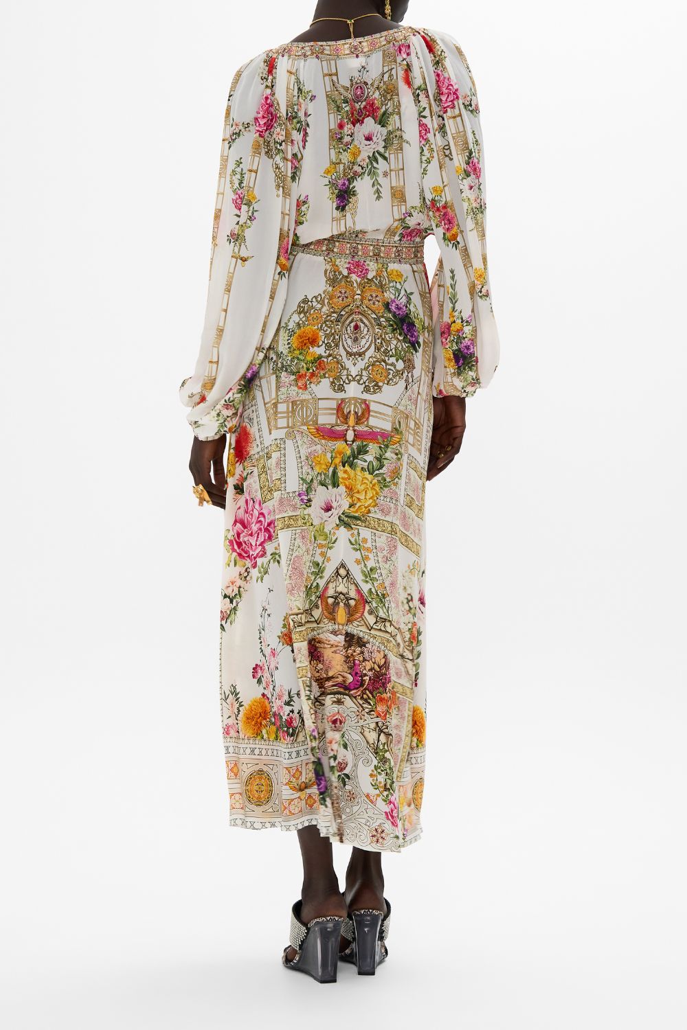 CAMILLA Raglan shirred waist dress in Egyptian rose print.