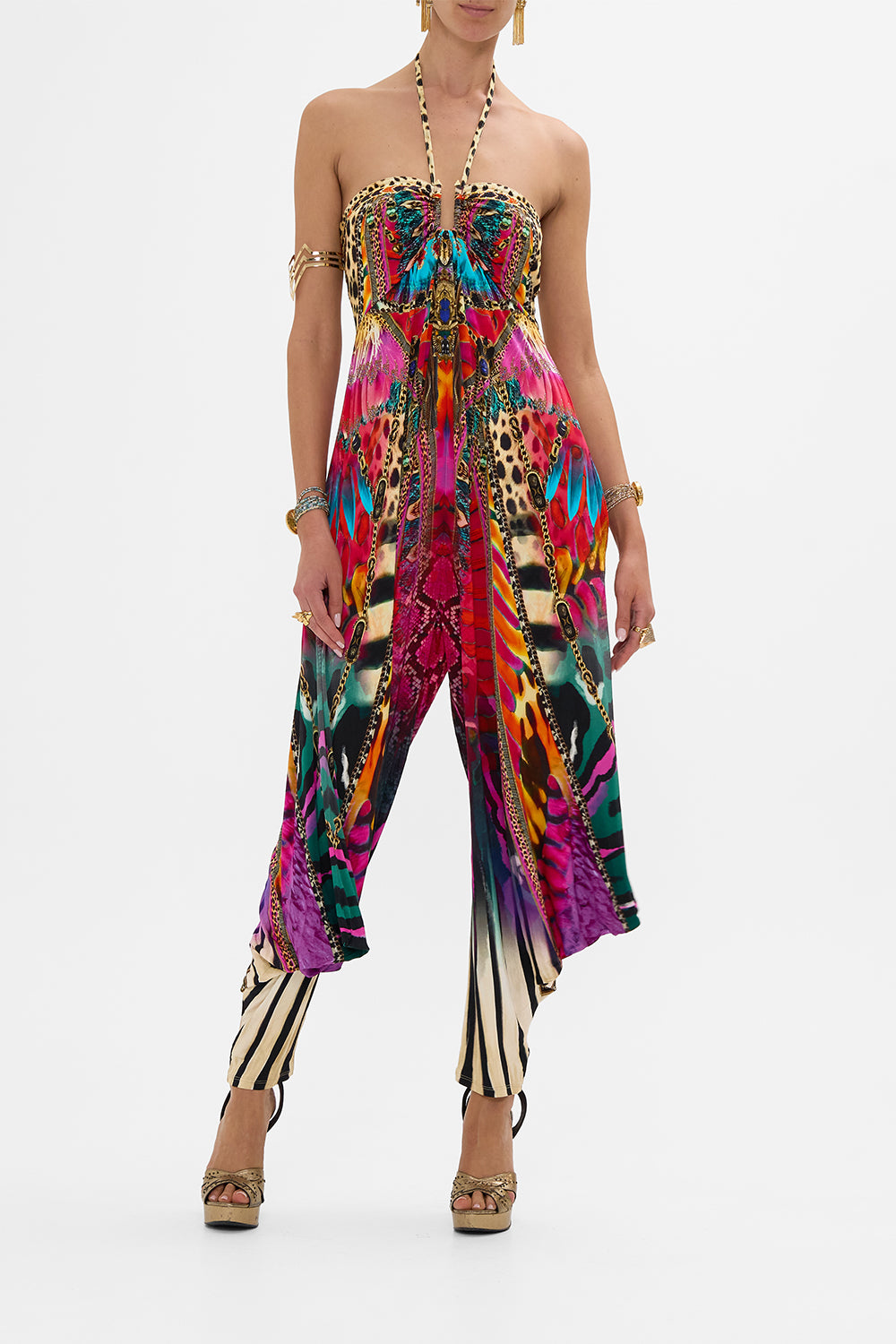 CAMILLA Jersey Draped Pant Jumpsuit with Hardware in Sahara Supernatural print.