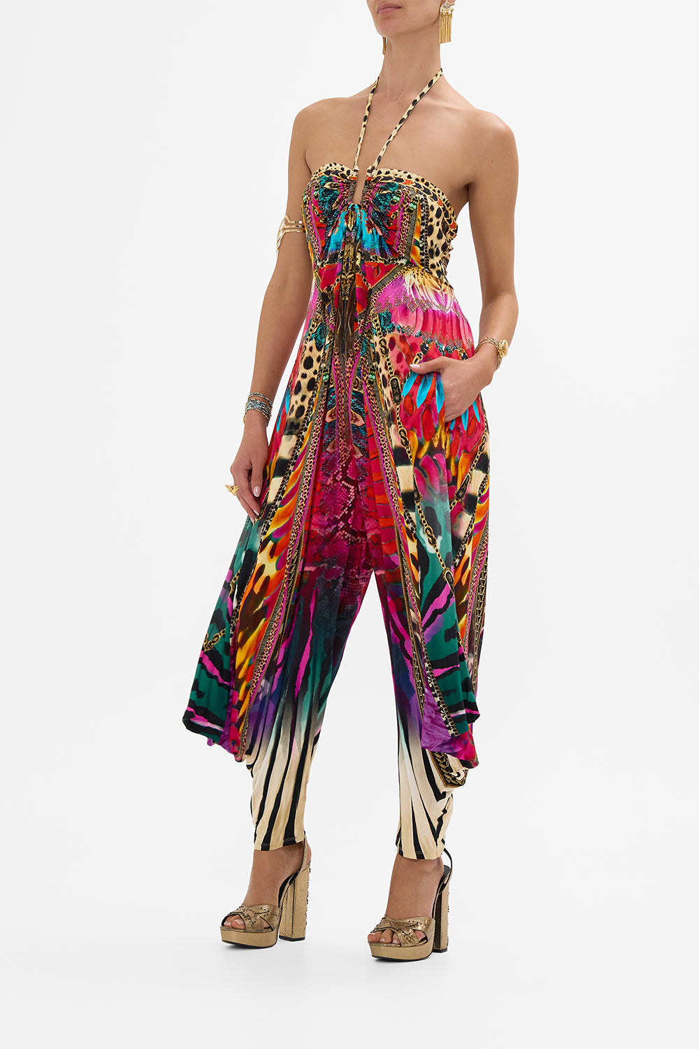 CAMILLA Jersey Draped Pant Jumpsuit with Hardware in Sahara Supernatural print.