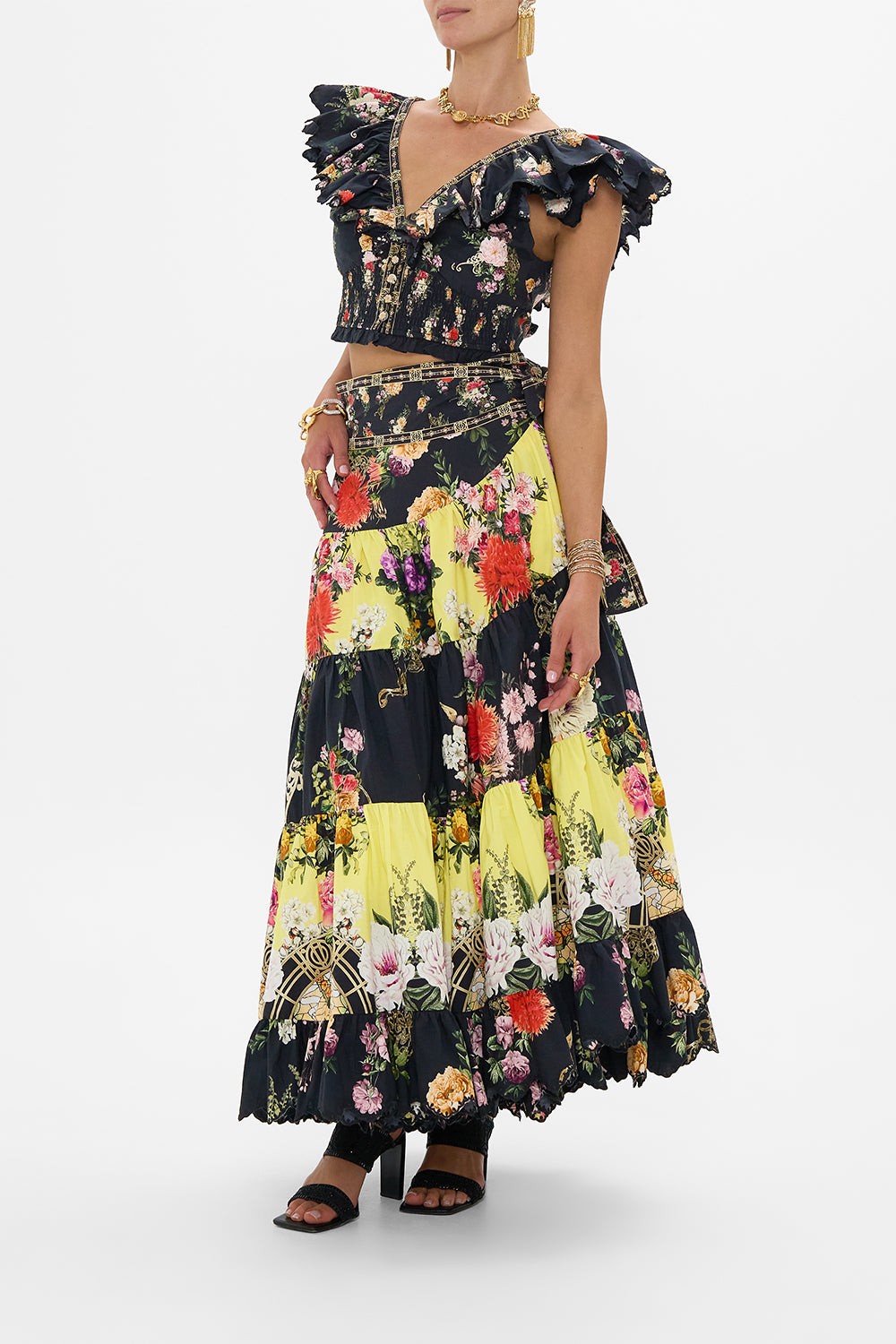 WRAP SKIRT WITH GATHERED PANELS ADORNED IN ALEXANDRIA