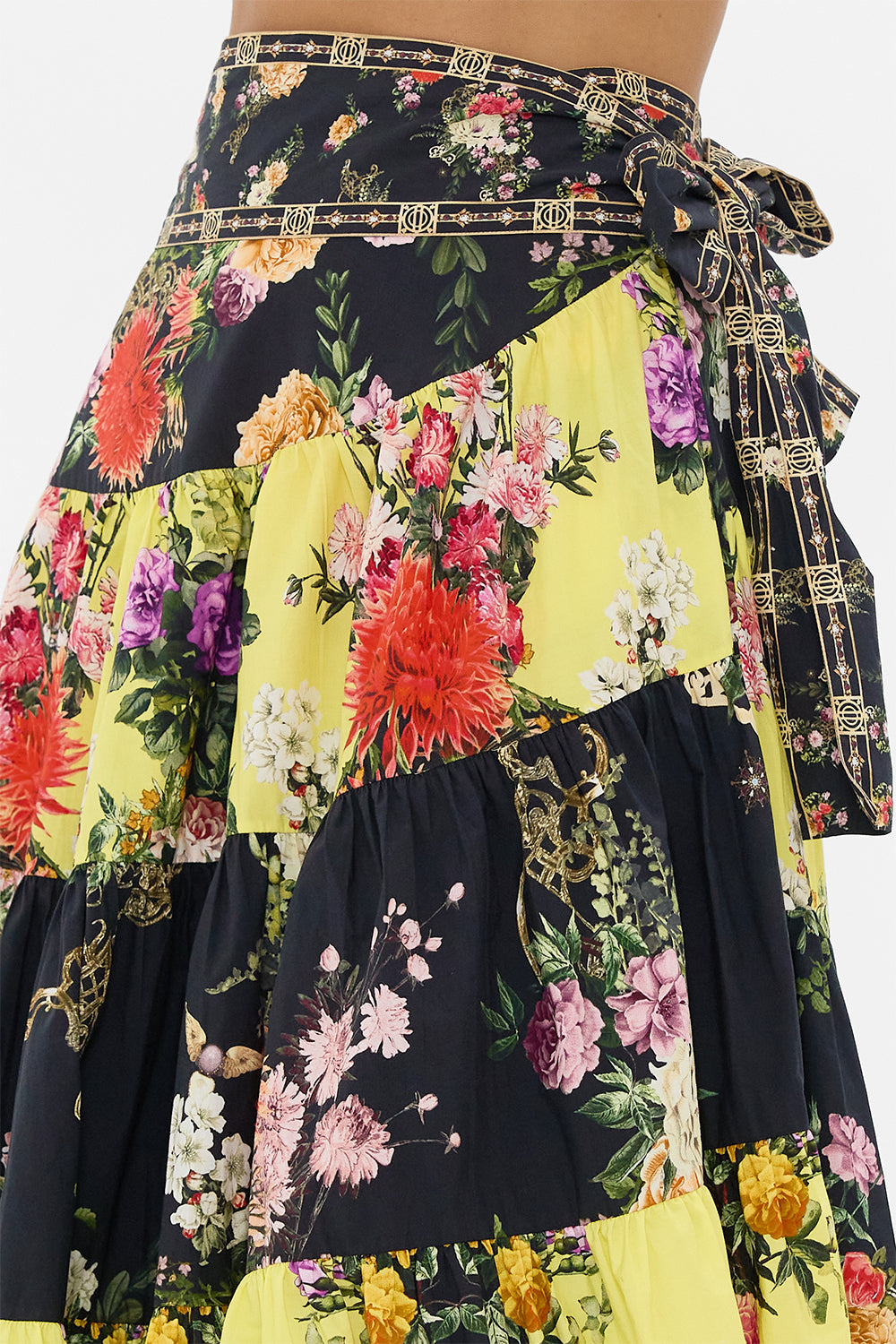 WRAP SKIRT WITH GATHERED PANELS ADORNED IN ALEXANDRIA