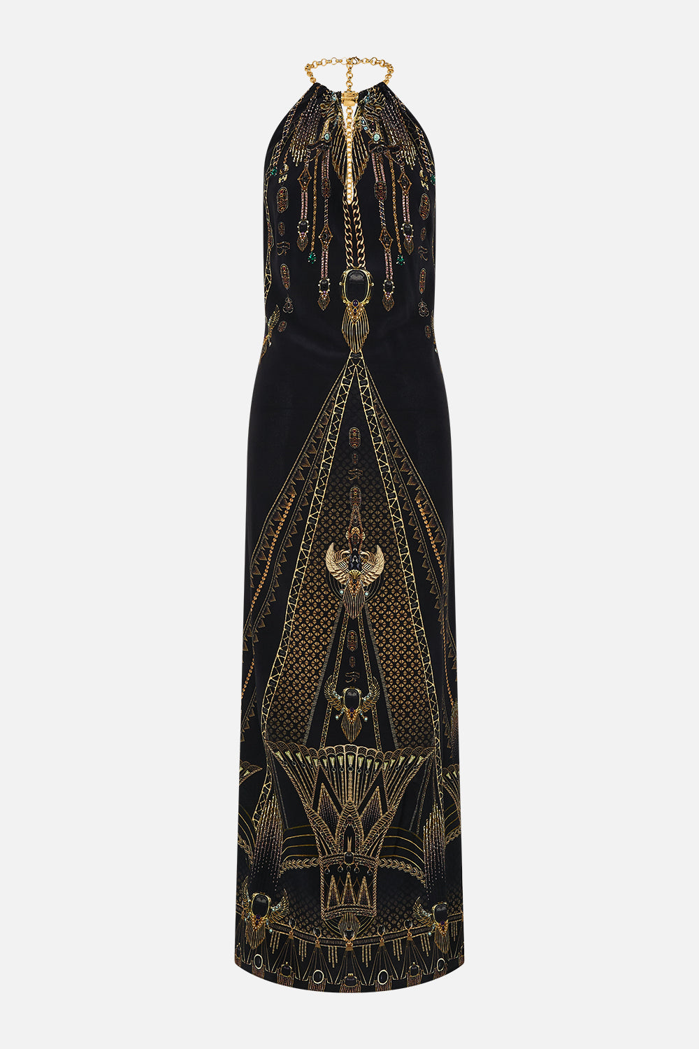 LOW BACK LONG DRESS WITH NECK HARDWARE CALL ME CLEOPATRA