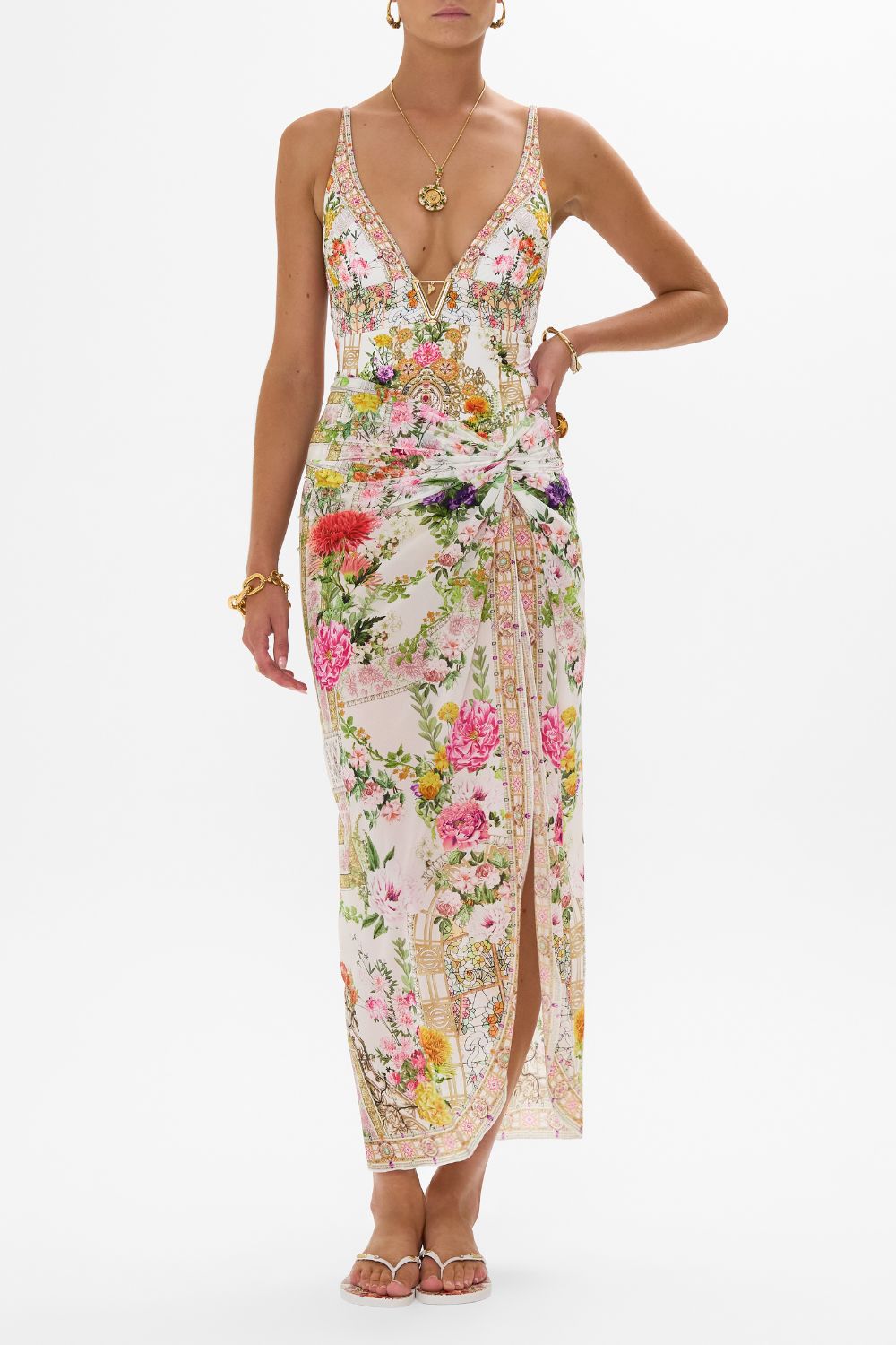 CAMILLA High tri one piece with front trim in Egyptian rose print.