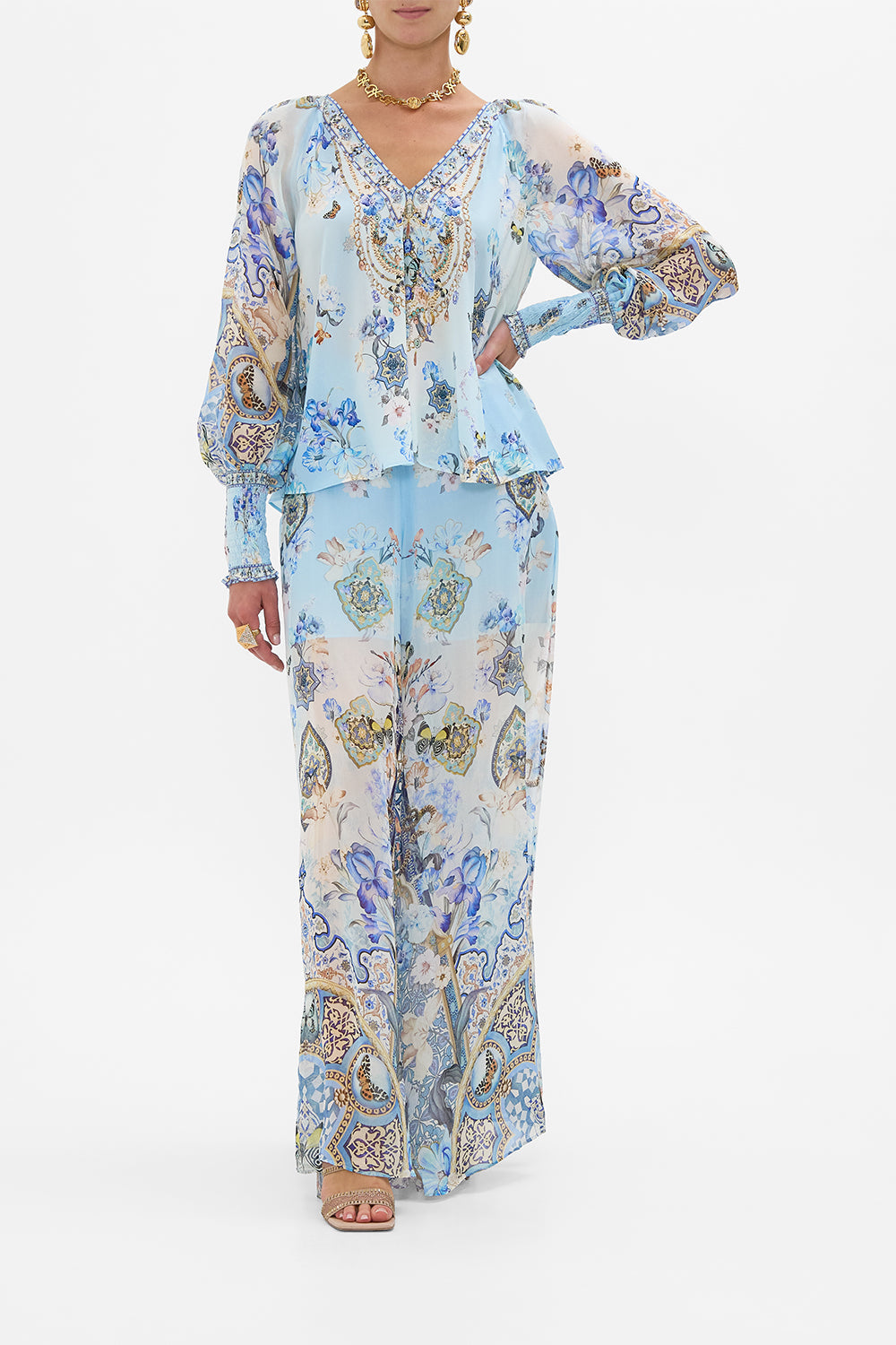 CAMILLA Shirred Cuff Blouse in Al Manial Palace Memoirs print