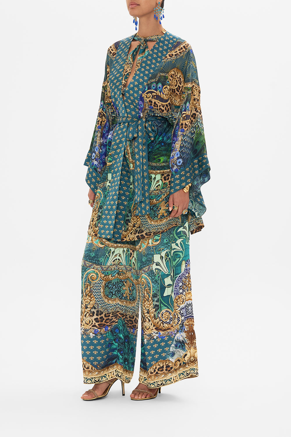 Side view of model wearing CAMILLA silk Kimono in Fan Dance print