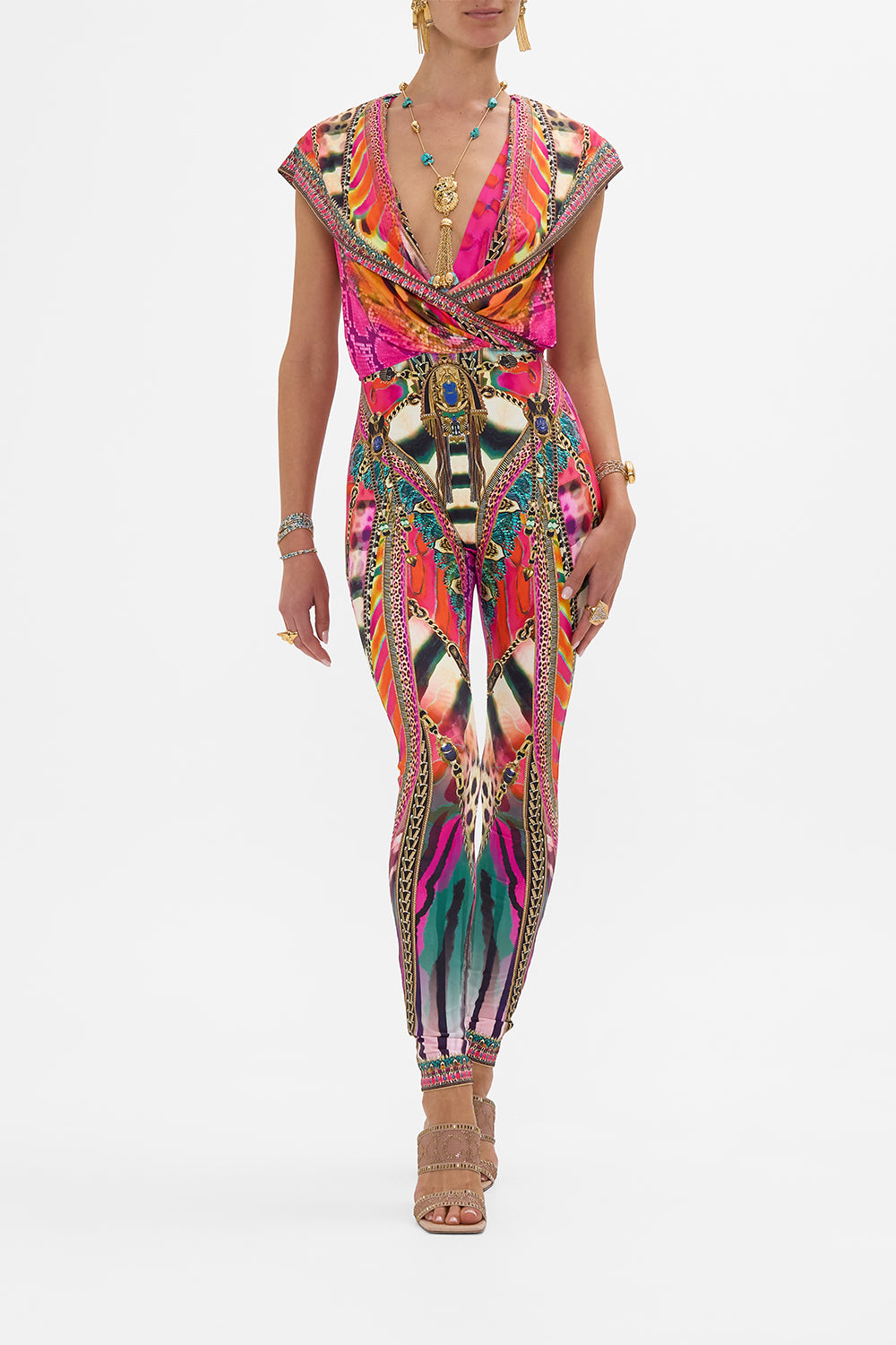 CAMILLA Hooded Sleeveless Catsuit in Sahara Supernatural print.