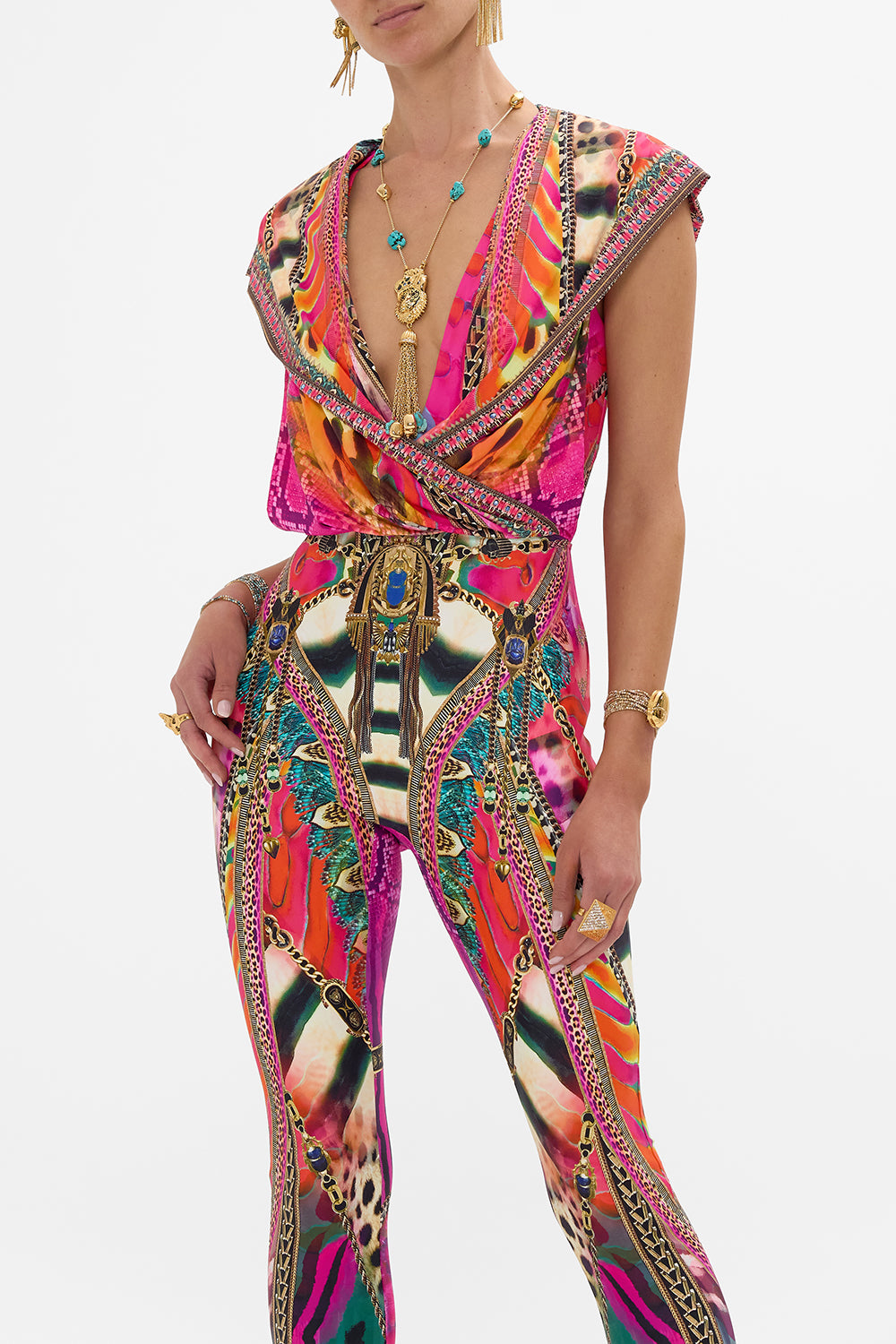 CAMILLA Hooded Sleeveless Catsuit in Sahara Supernatural print.