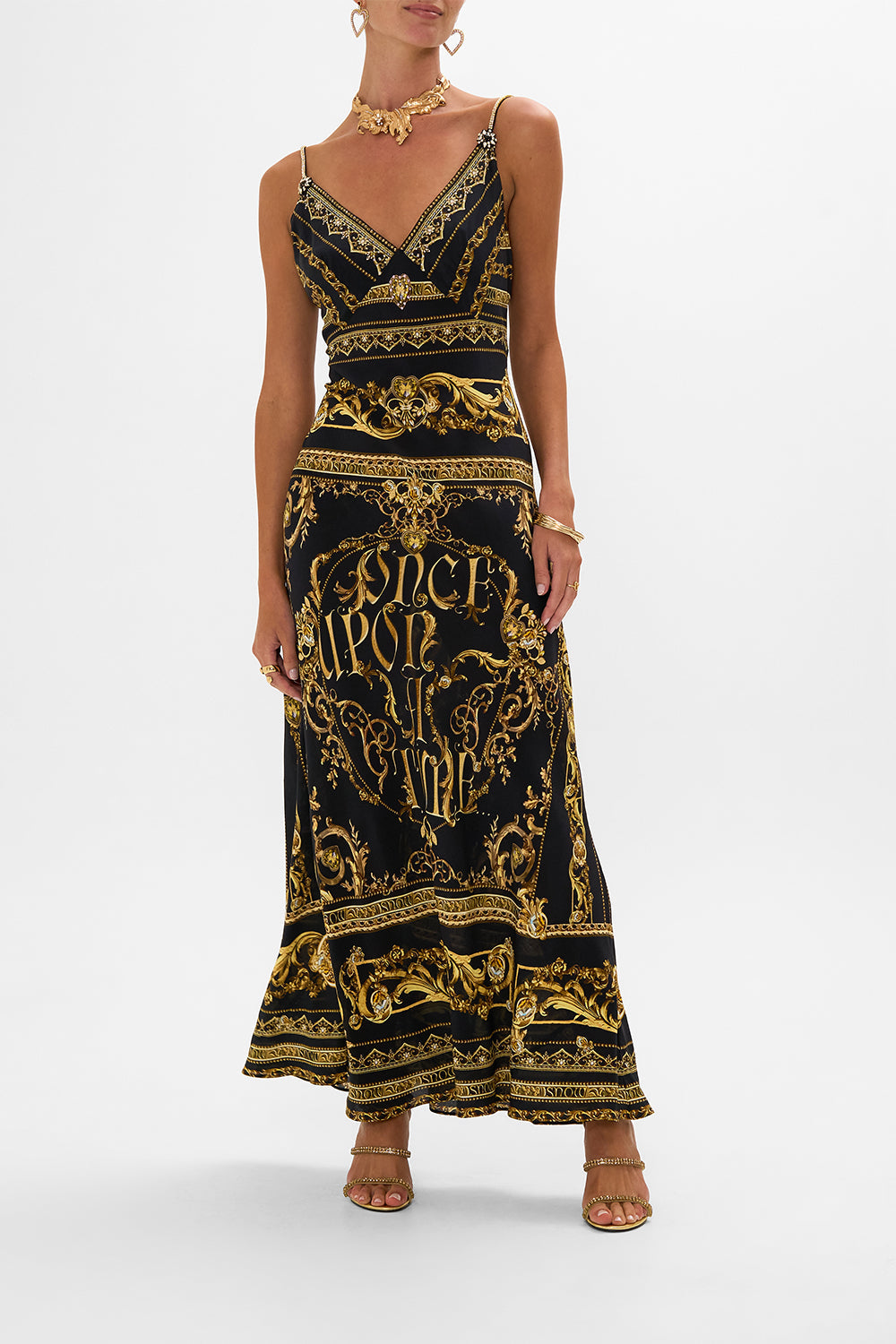 Disney CAMILLA silk slip dress in Once Upon A Time print