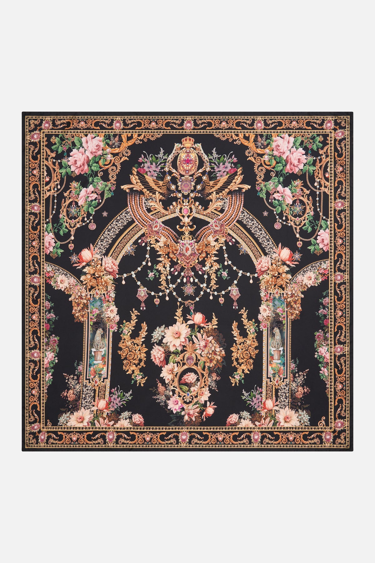 CAMILLA black silk square scarf in Dynasty Daze print.