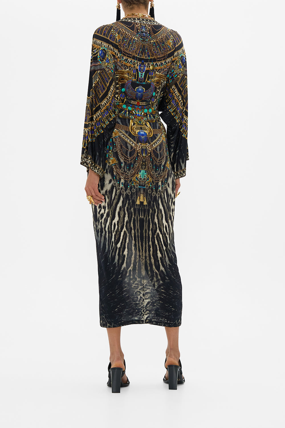 CAMILLA long split front twist dress in Cat Worship print.