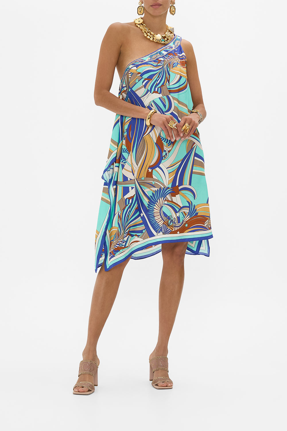 CAMILLA One Shoulder Short Kaftan in Oasis Oracle print.