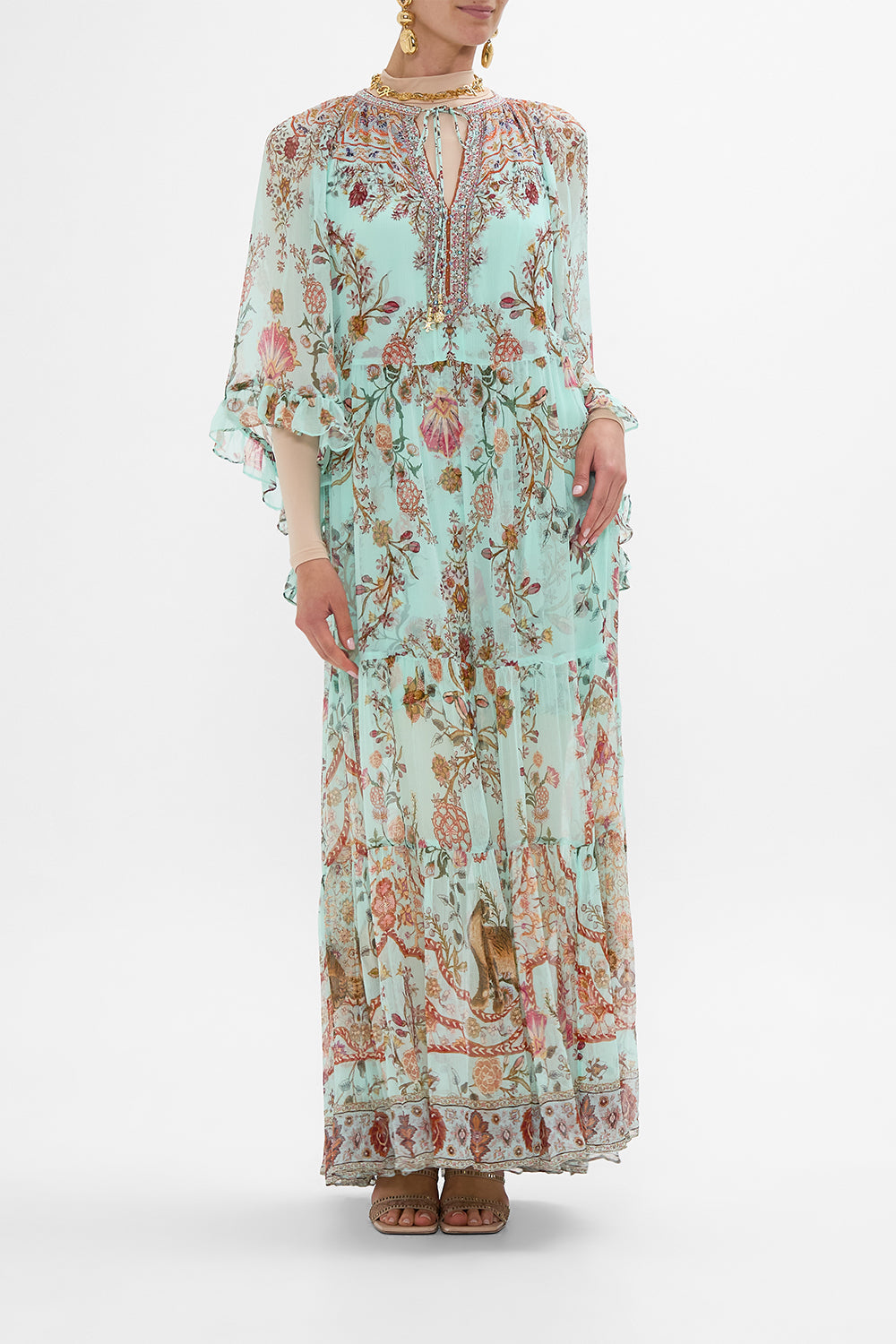 CAMILLA Wide Sleeve Gathered Dress in Weaving Worlds print