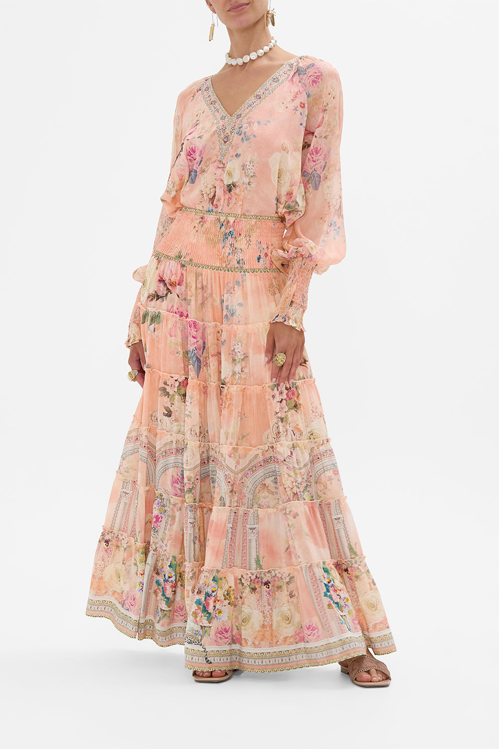 CAMILLA Floral Shirred Cuff Blouse in The Jewellery Palace print.