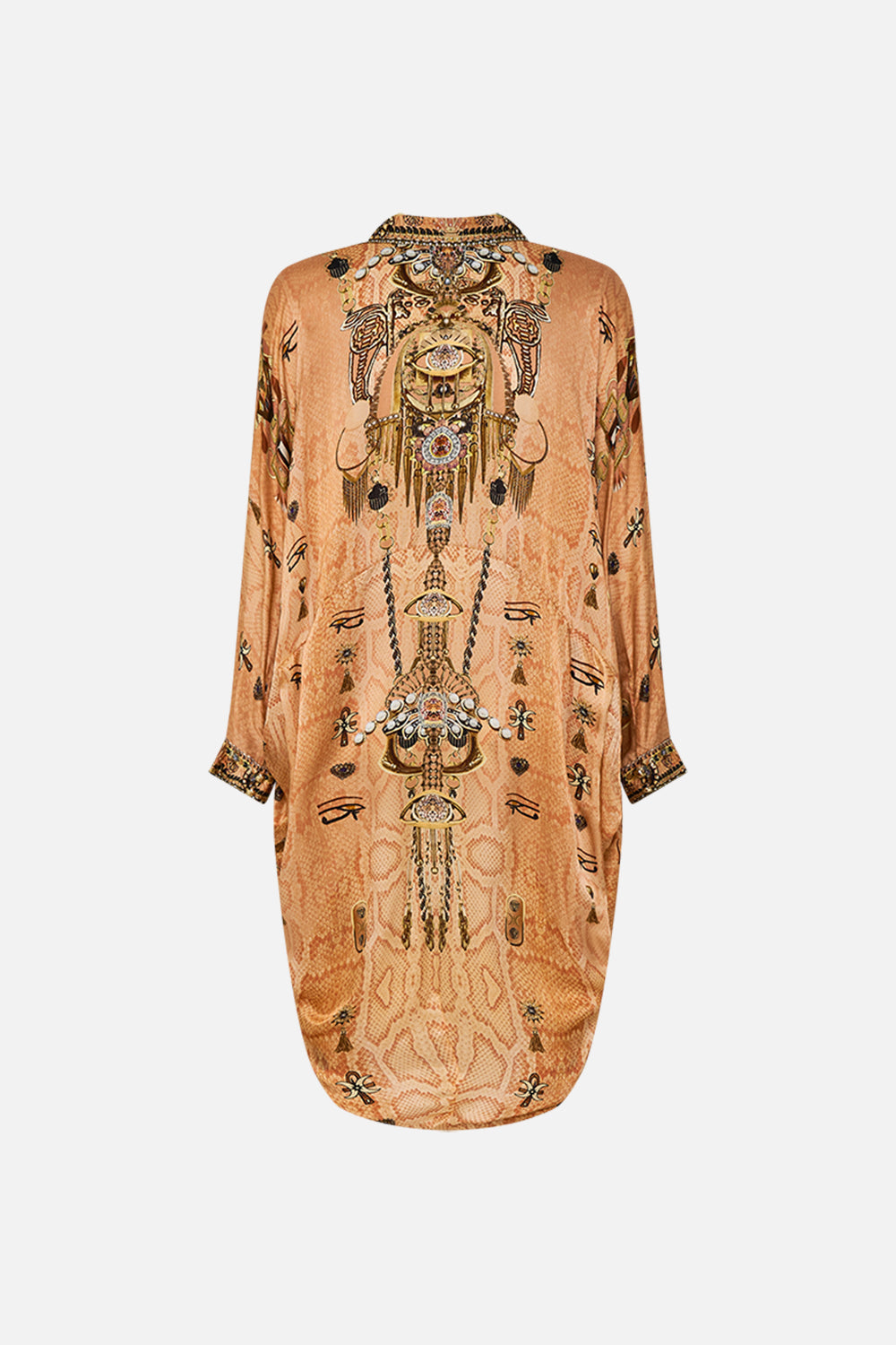 CAMILLA Gold Button Up Top with Draped Back in Kingdom of Hieroglyphs Print