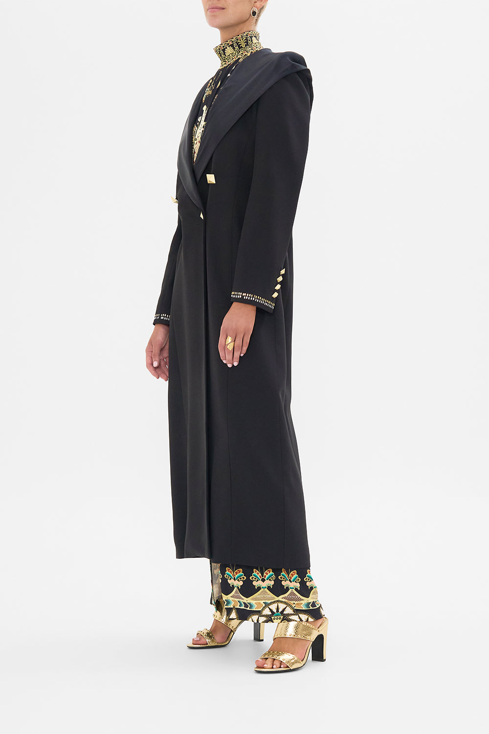 CAMILLA Black/Gold Long Coat with Hood in They Called Her Nefertari print