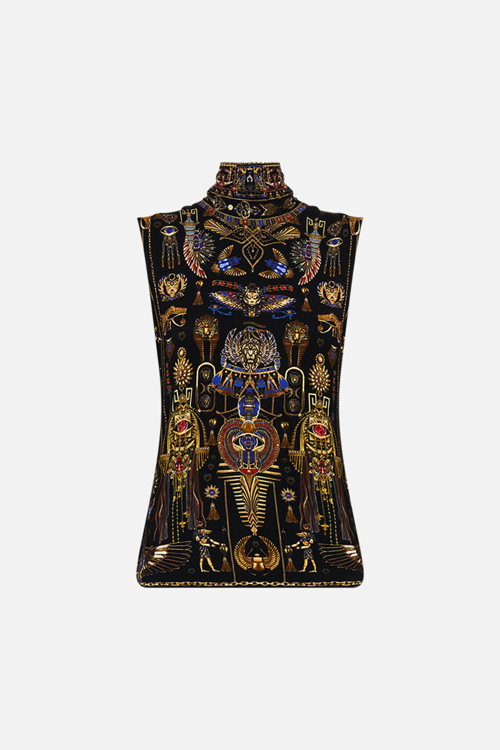 CAMILLA Sleeveless Turtleneck in Cartouche Kingdom print.