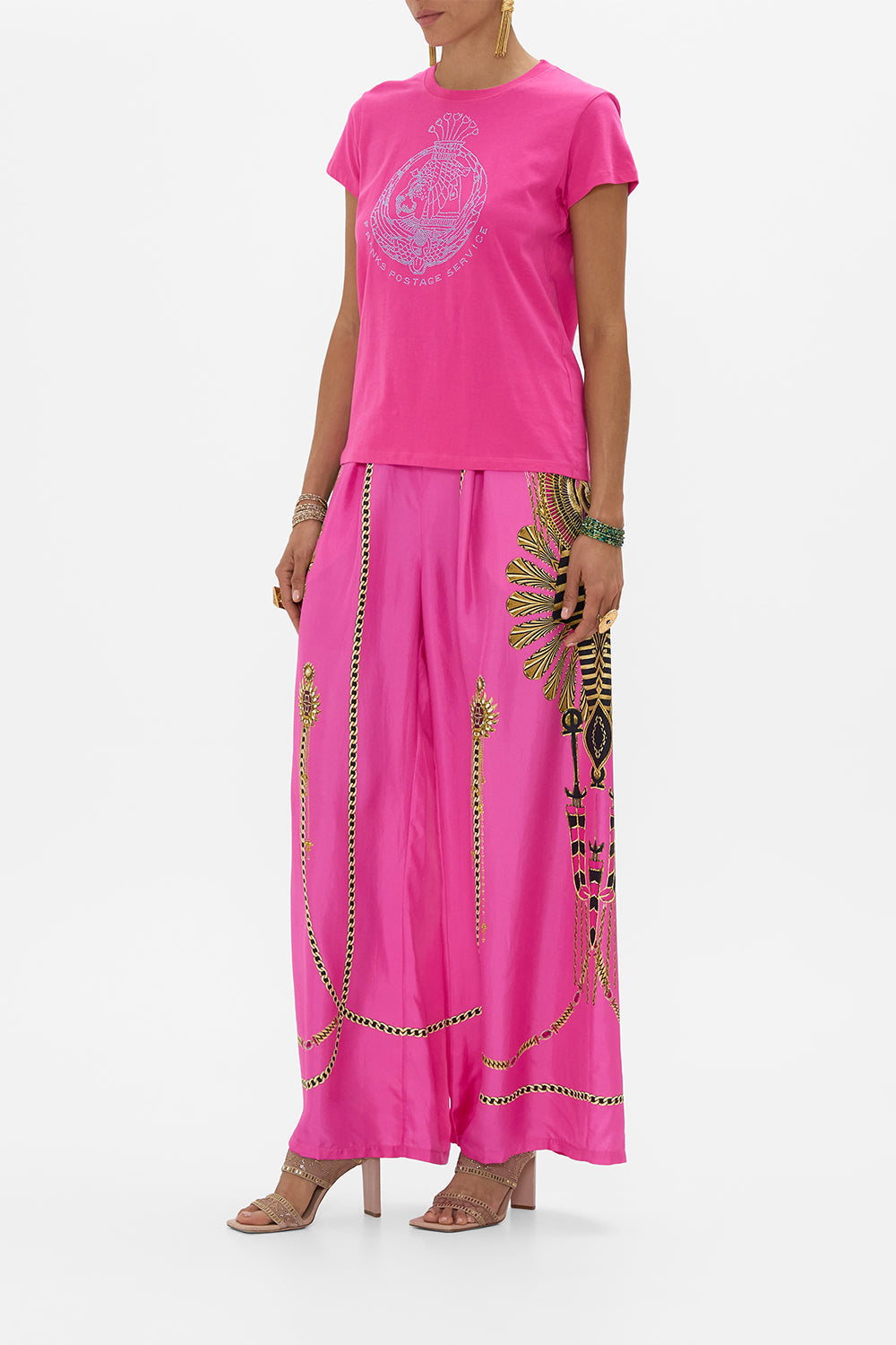 CAMILLA Hot Pink Slim Fit Round Neck T Shirt in Song Of The Scarab print.