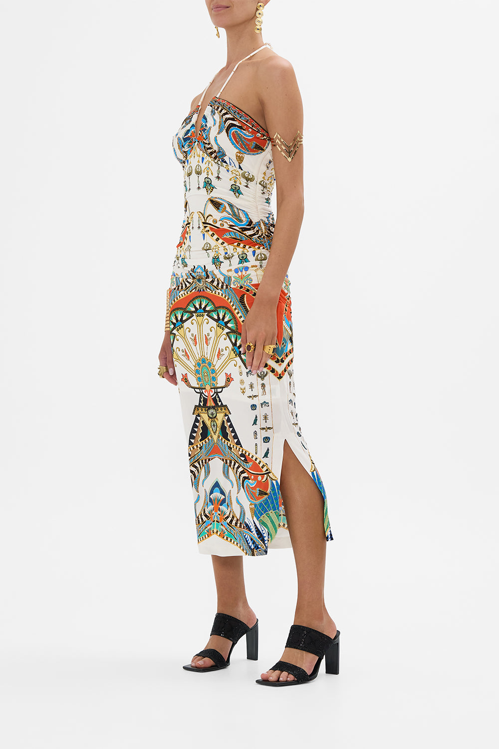 CAMILLA Cut Out Sleeveless Jersey Halter Neck Dress in Valley of the Queens print