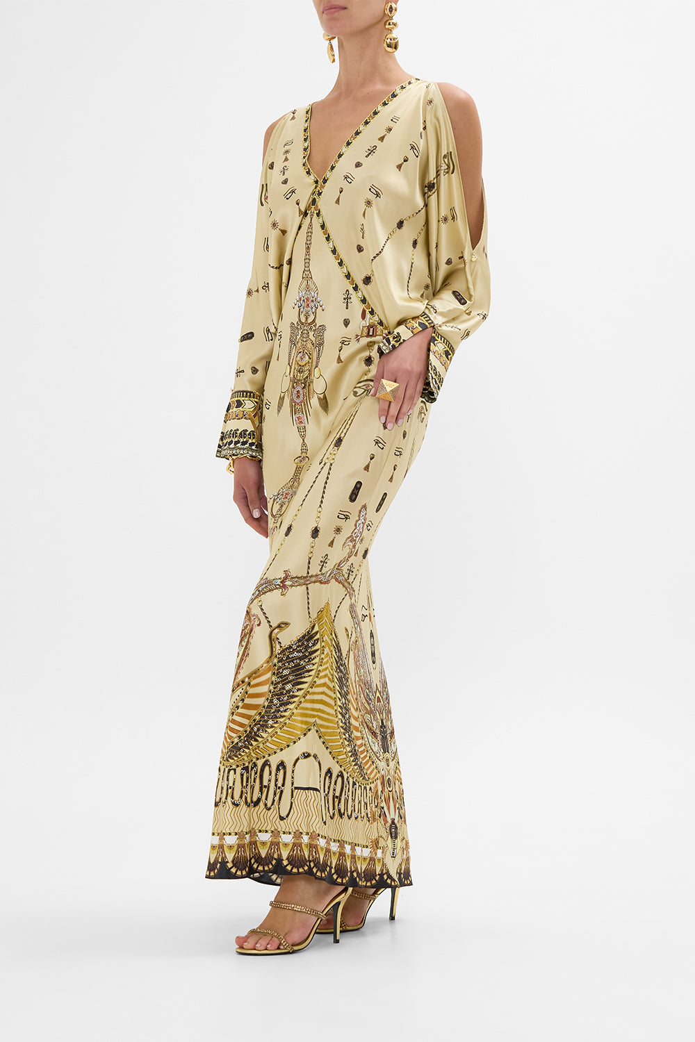 CAMILLA Gold Plunge Neck Draped Shoulder Dress in Gateway to the Afterlife Print