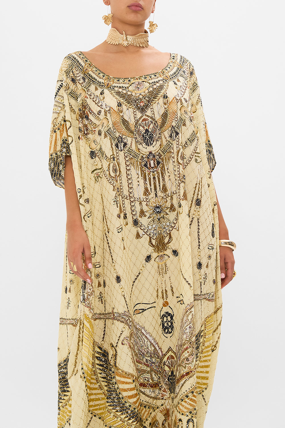 CAMILLA Gold Round Neck Kaftan in Gateway to the Afterlife Print