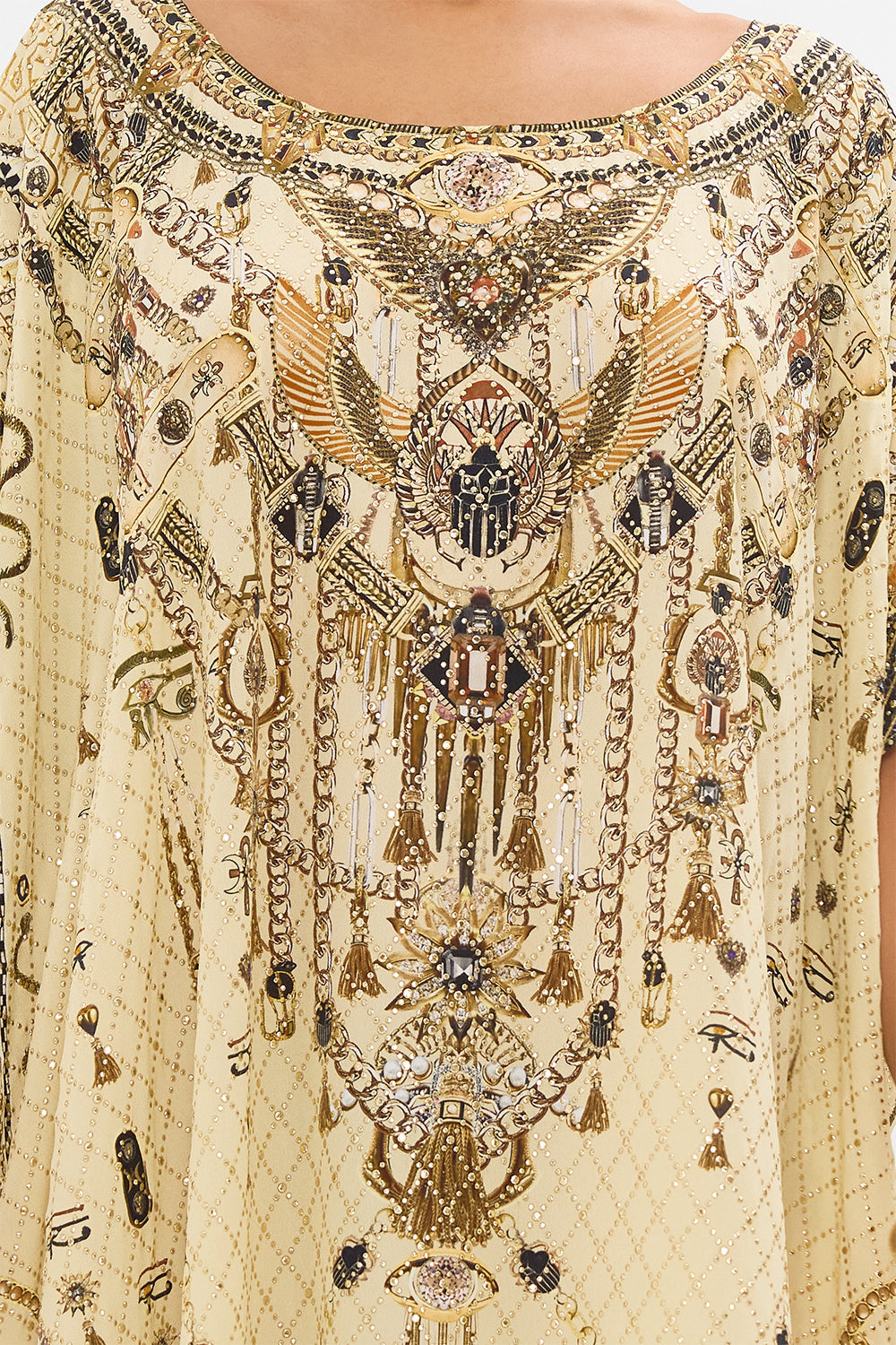 CAMILLA Gold Round Neck Kaftan in Gateway to the Afterlife Print