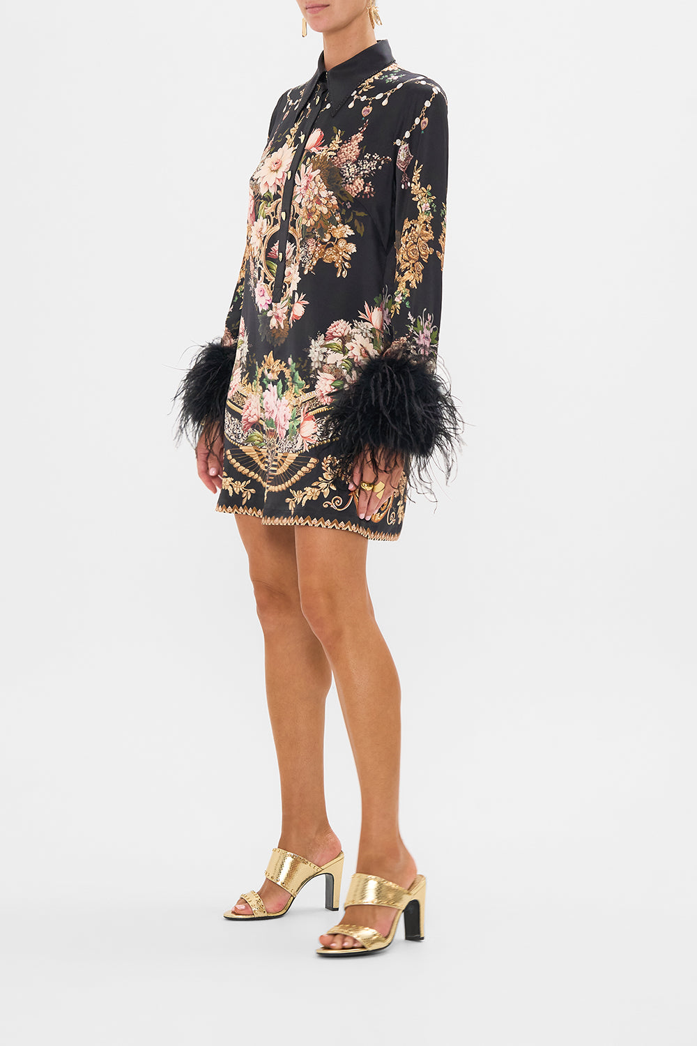 CAMILLA mini shirt dress with feathers in Dynasty Daze print.