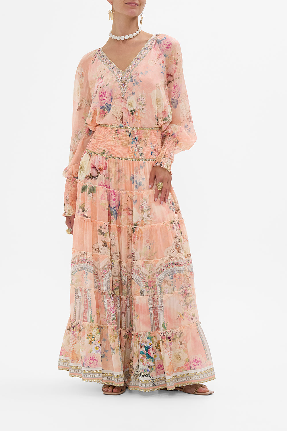 CAMILLA Floral Shirred Waist Tiered Circle Skirt in The Jewellery Palace Print.