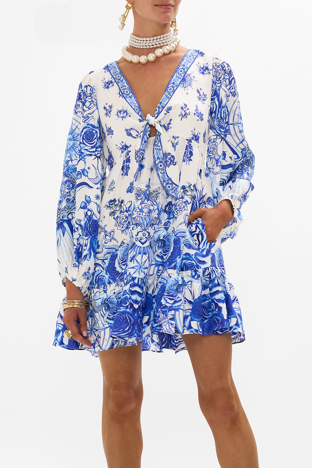 SHORT TIE FRONT BLOUSON DRESS IMMORTAL INK