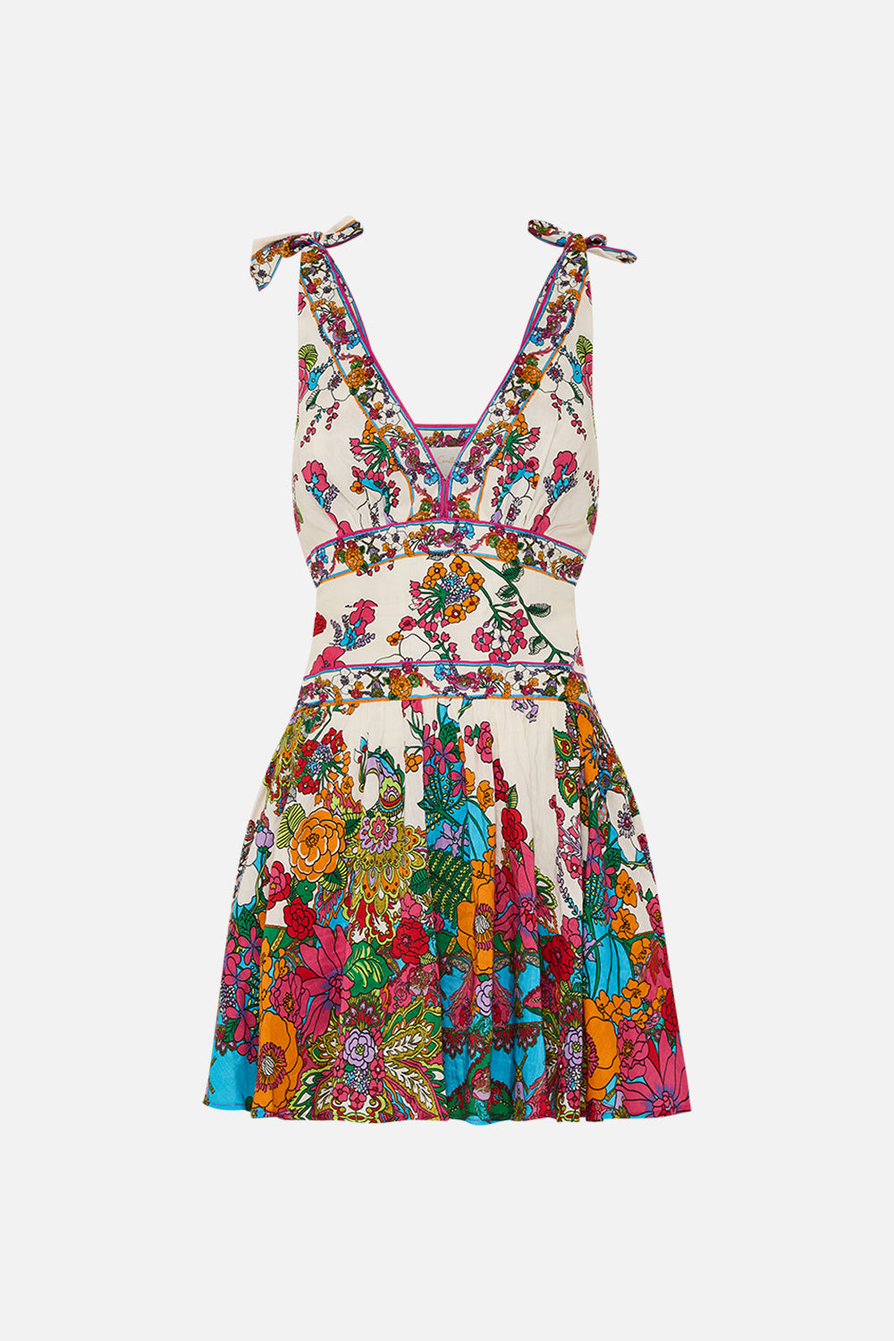 CAMILLA retro floral tie shoulder short dress in Cosmic Prairie print.