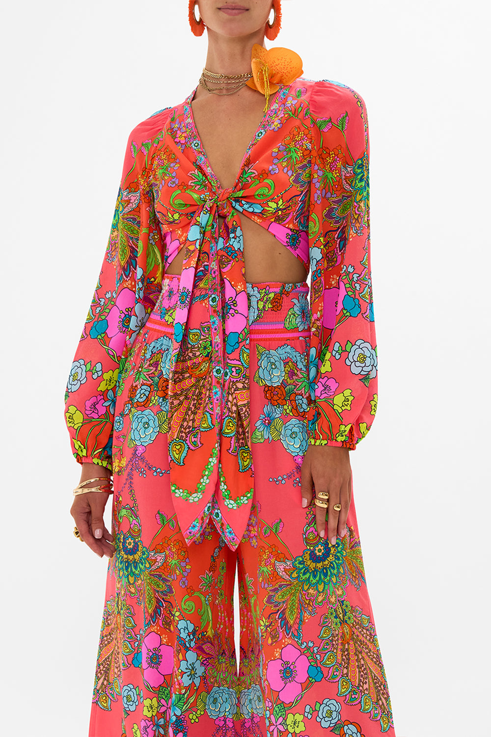 CAMILLA Pink Tie Front Blouson Sleeve Blouse in Windmills and Wildflowers