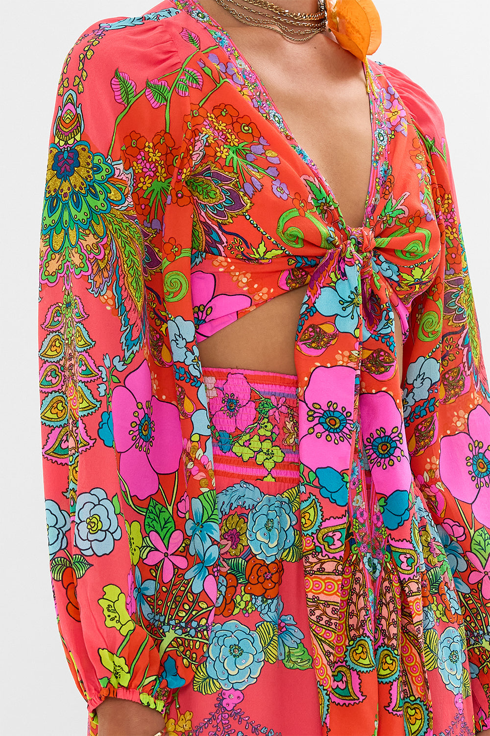 CAMILLA Pink Tie Front Blouson Sleeve Blouse in Windmills and Wildflowers