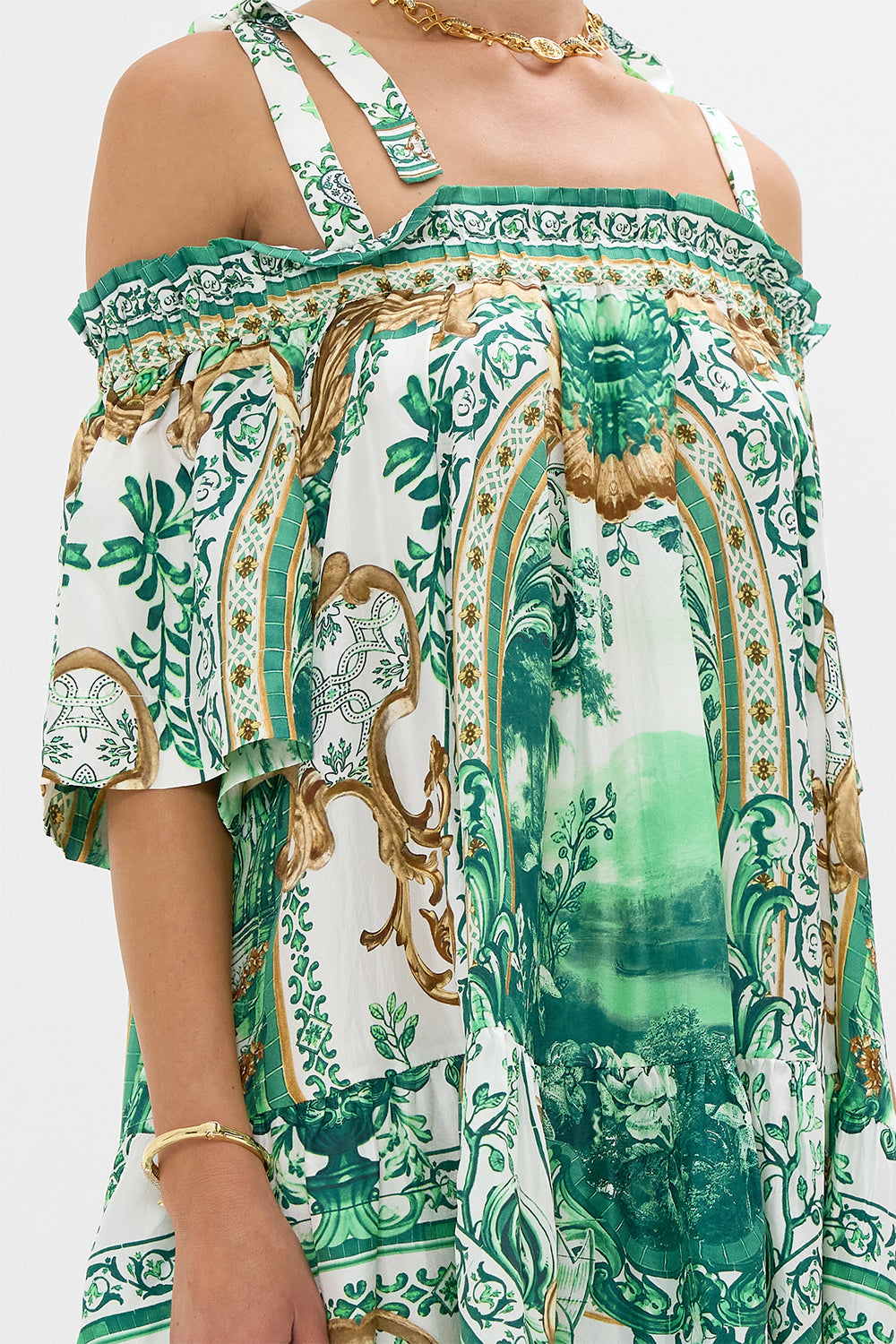 OFF SHOULDER FRILL DRESS WITH STRAPS CORRIDOR OF CALM