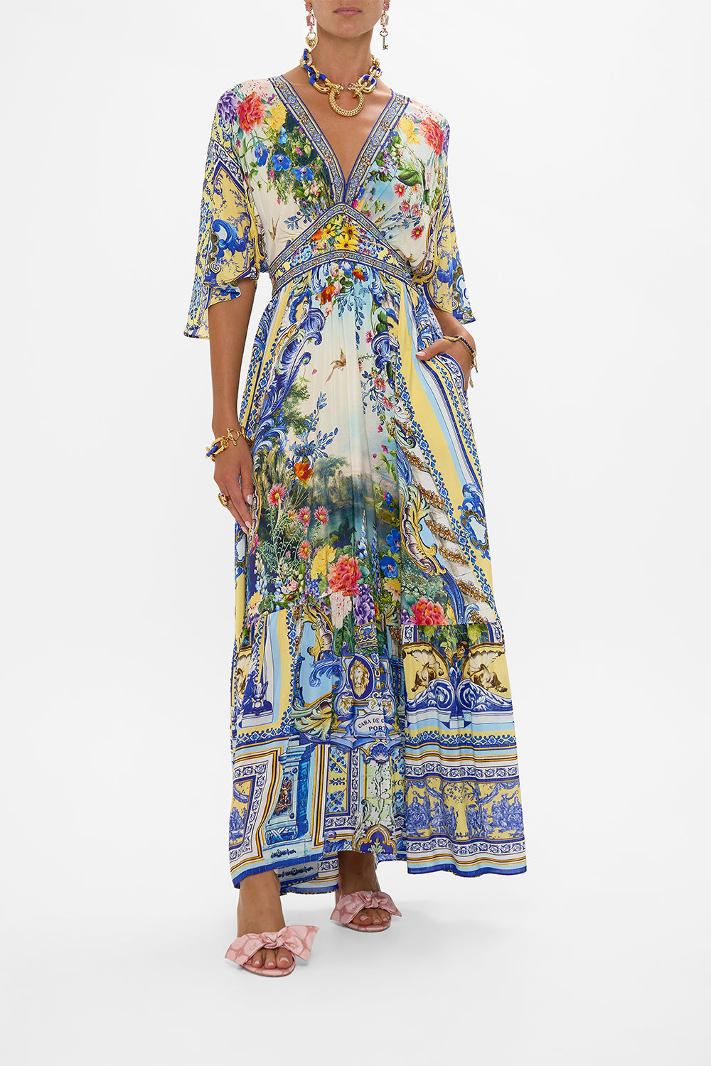 CAMILLA Waisted Dress With Hem Ruffle in Wall To Wall Wonders print