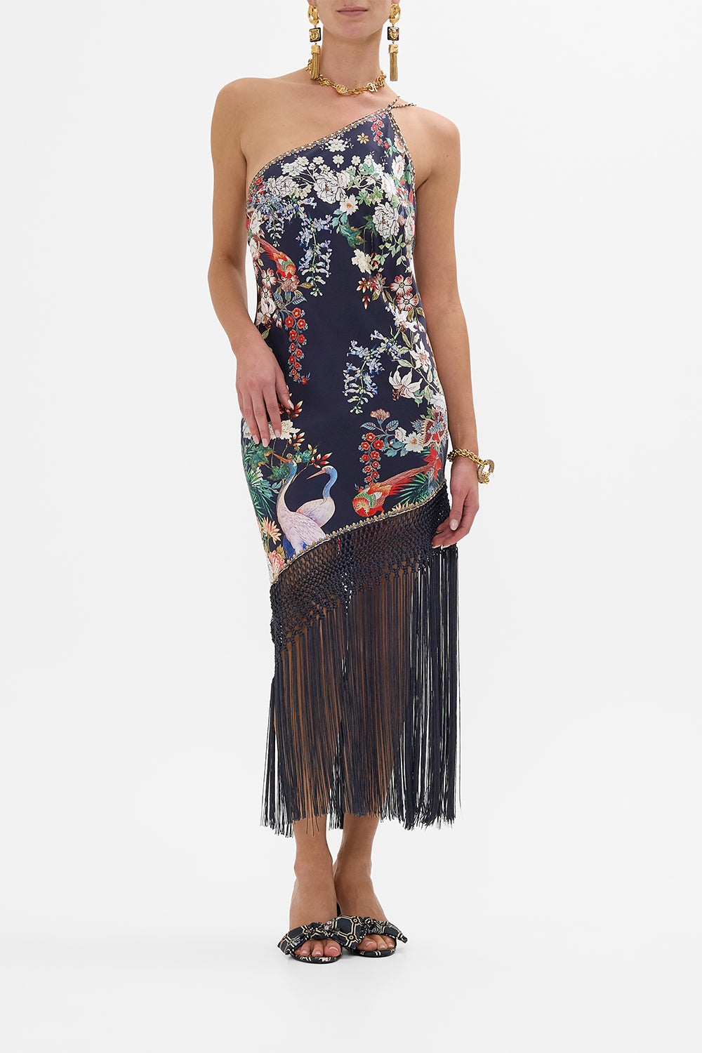 CAMILLA One Shoulder Dress With Macrame Fringing in Palacio Poetry print