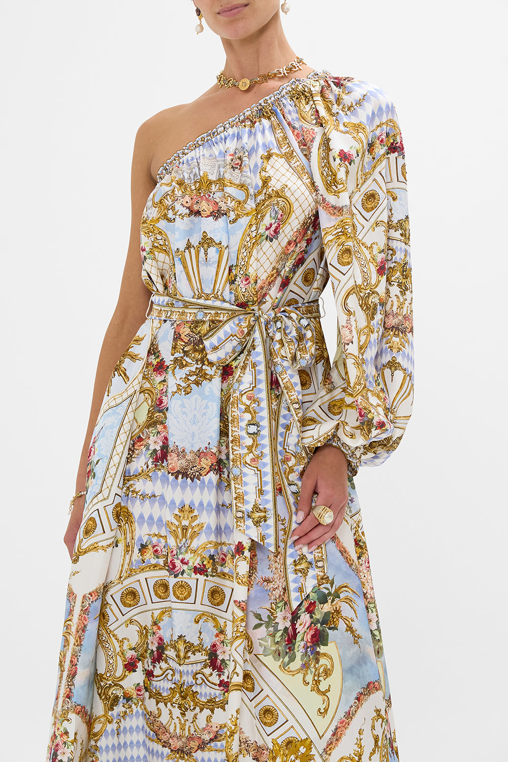 ONE SHOULDER DRESS WITH BLOUSON SLEEVE THRONE GAMES