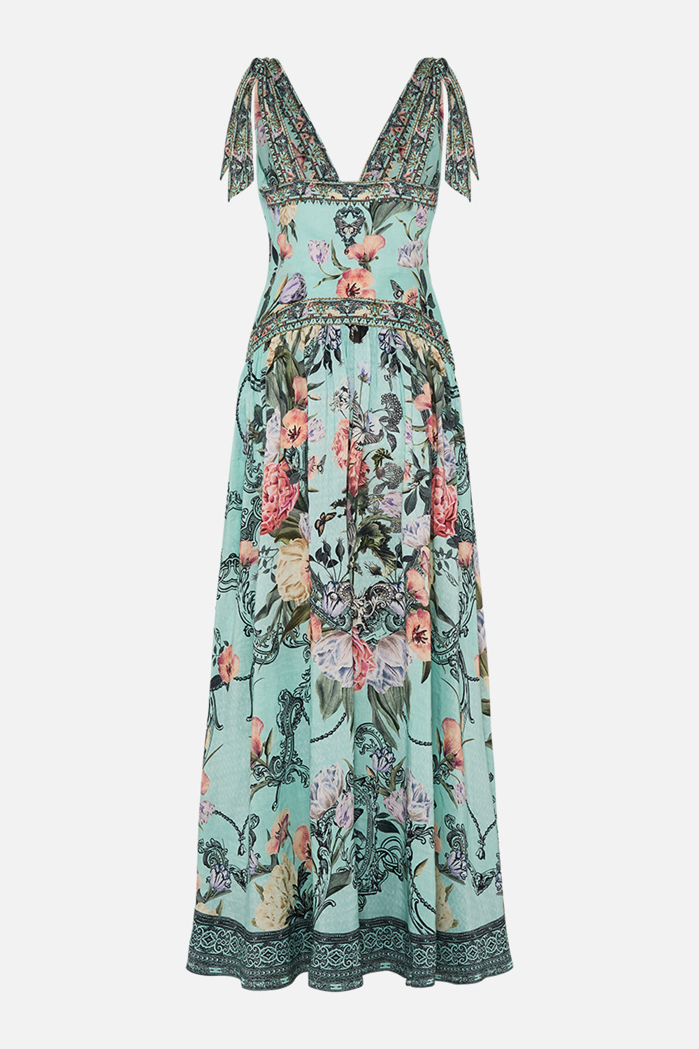 CAMILLA blue tie shoulder dress in Petal Promise Land print.
