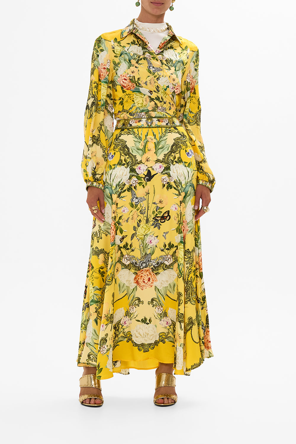 CAMILLA gold cropped wrap shirt in Paths Of Gold print.