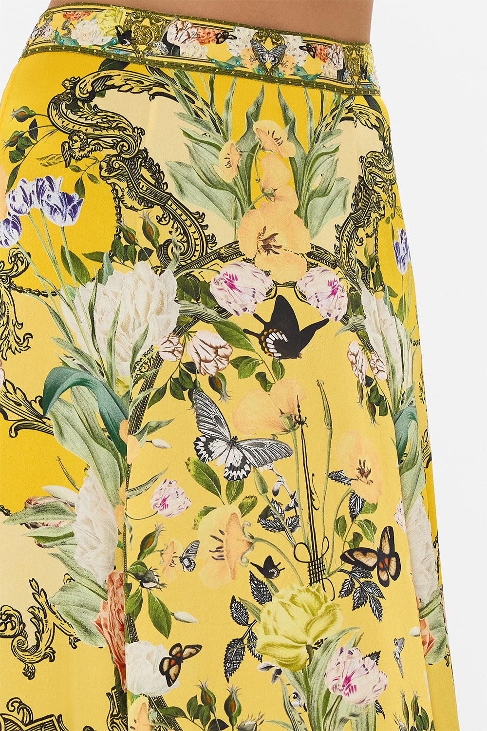 CAMILLA yellow floral panel flared maxi skirt in Paths Of Gold print