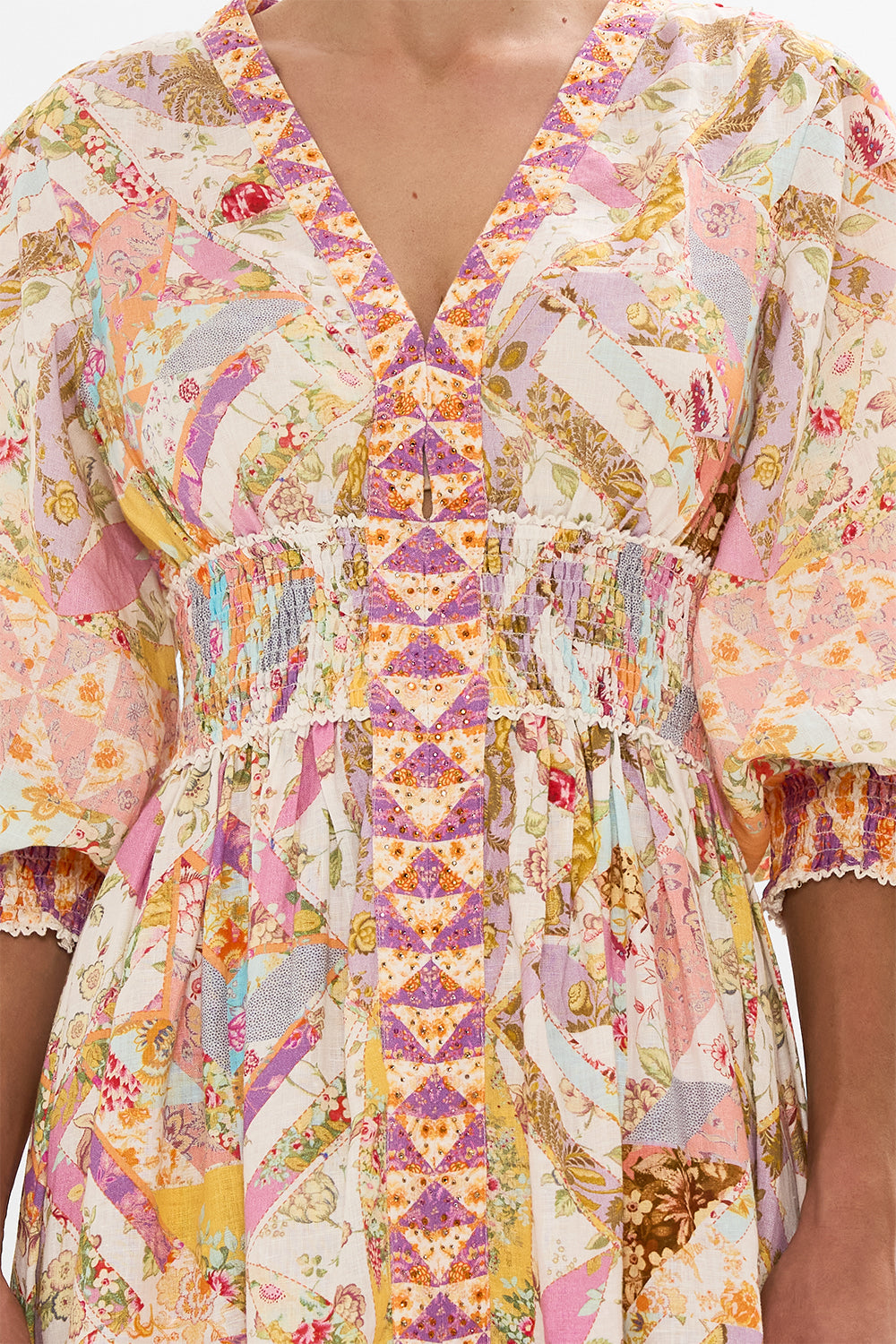 CAMILLA retro floral shirred waistband long dress in Sew Yesterday print.