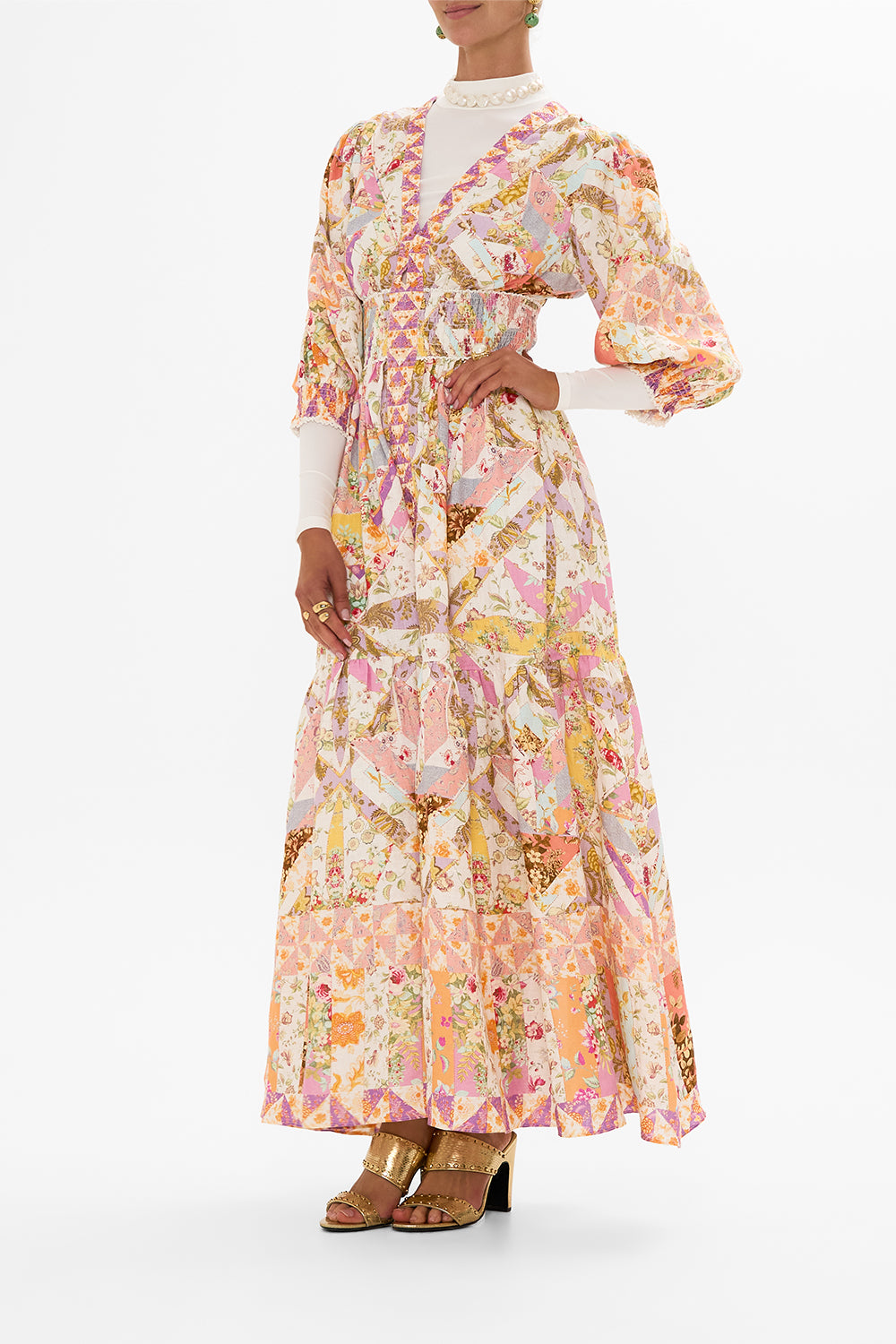 CAMILLA retro floral shirred waistband long dress in Sew Yesterday print.