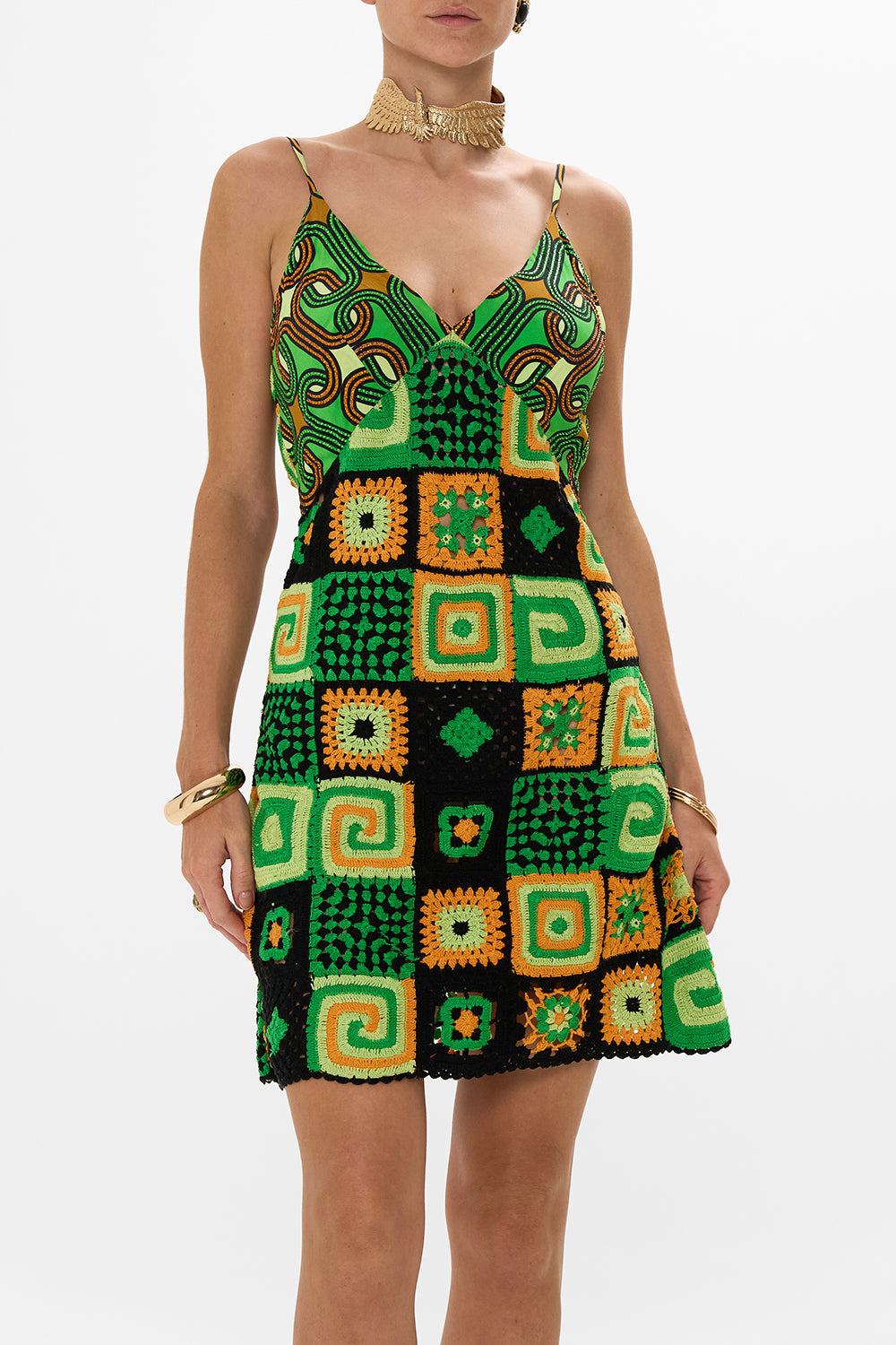 CAMILLA green mini crochet dress with silk top in Good Vibes Generation print.