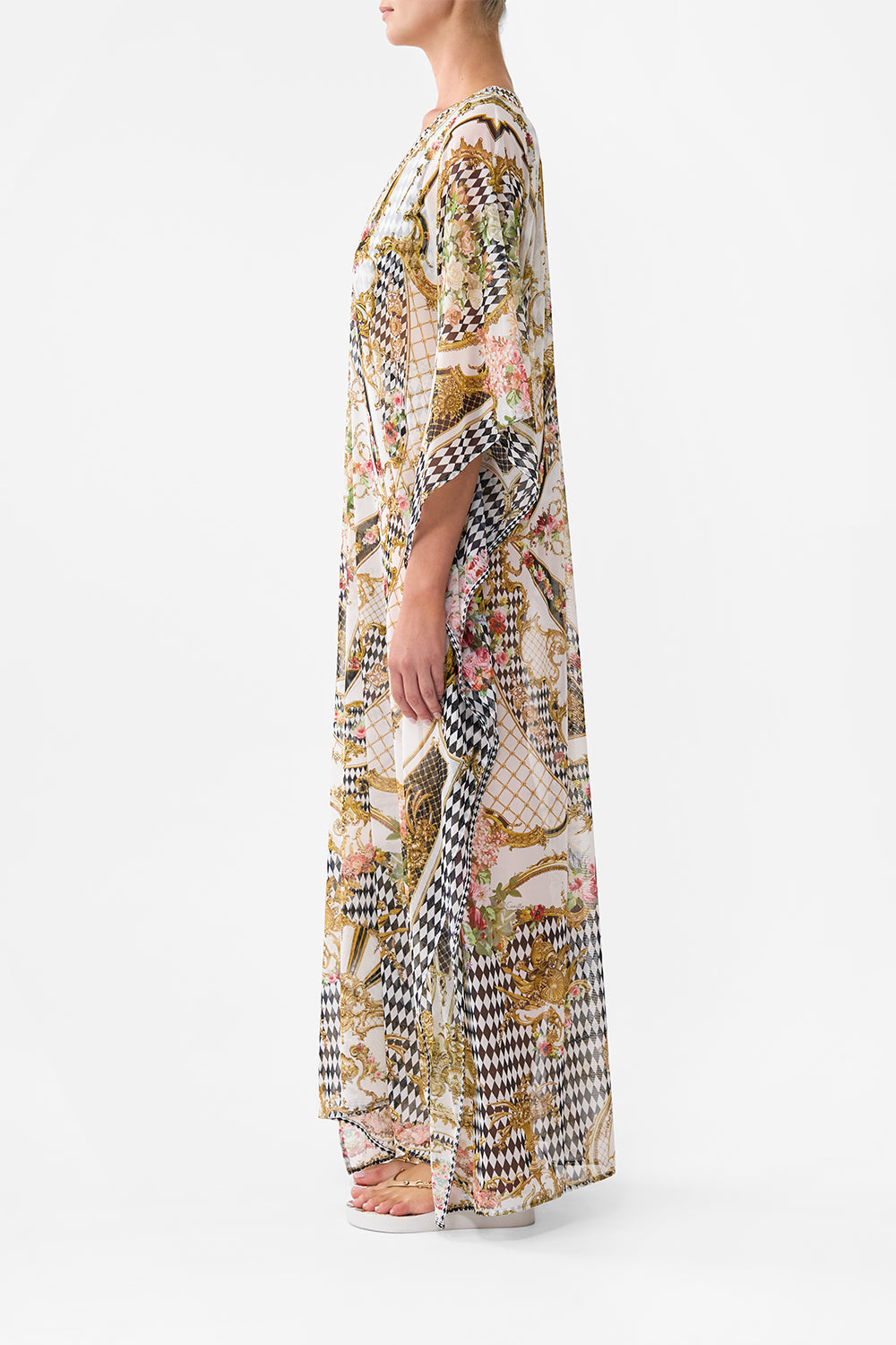 STRETCH MESH KAFTAN WITH TRIM ROCOCO GLOW