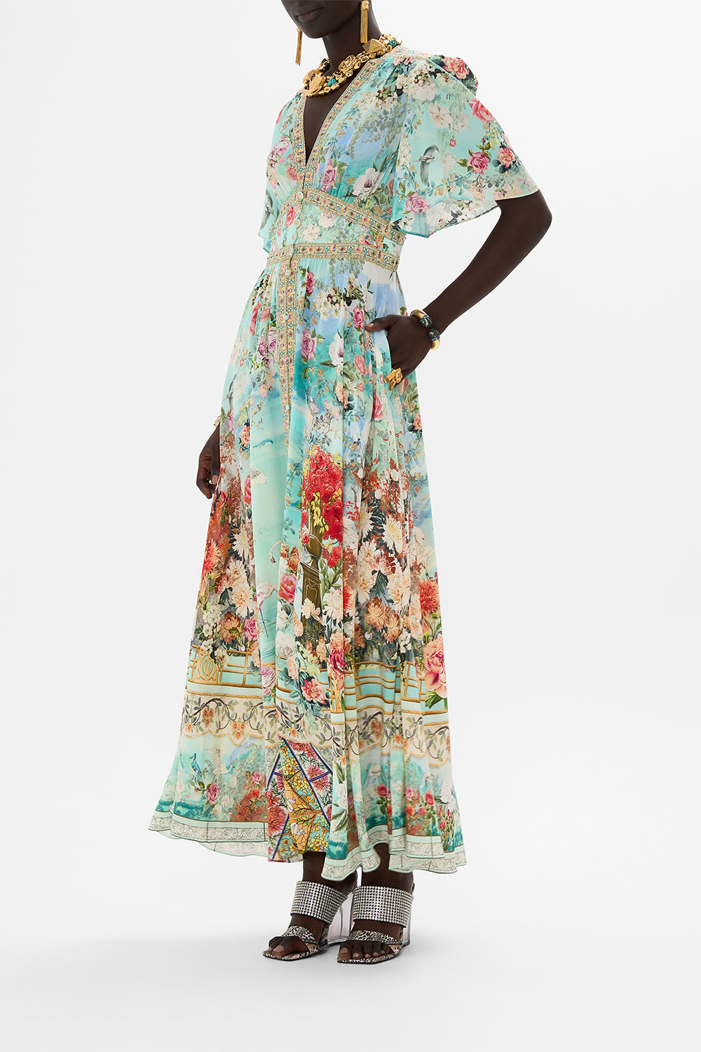 CAMILLA Shaped waistband dress with flutter sleeves in The jewellery museum print.